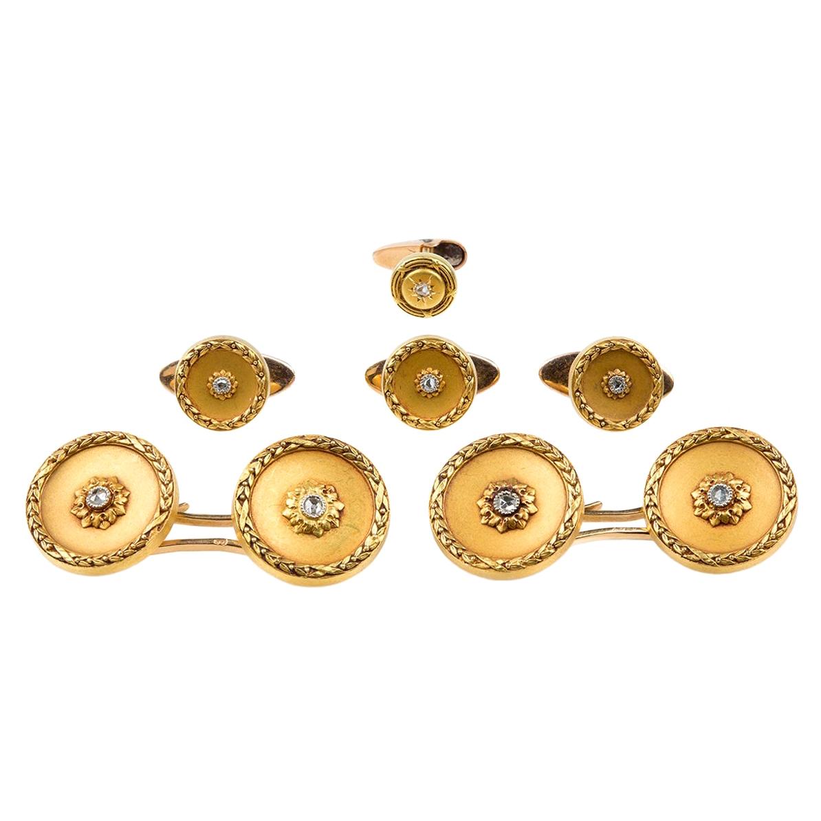 Dress Set: Cufflinks & Matching Studs in 18kt Gold & Diamonds, French circa 1890