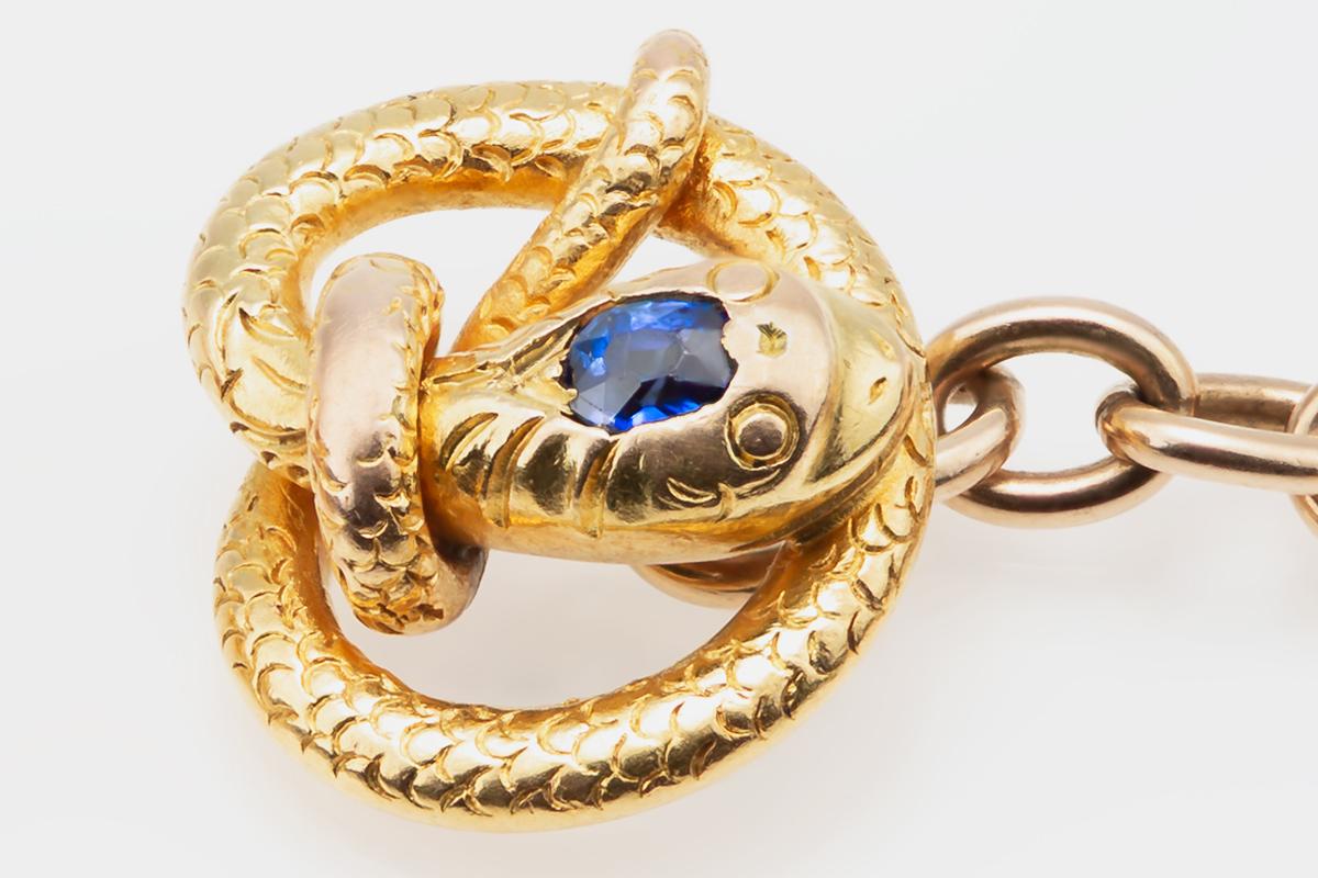 Victorian Coiled Serpent Cufflinks 14 Karat Gold with Sapphire Centre, American circa 1890 For Sale