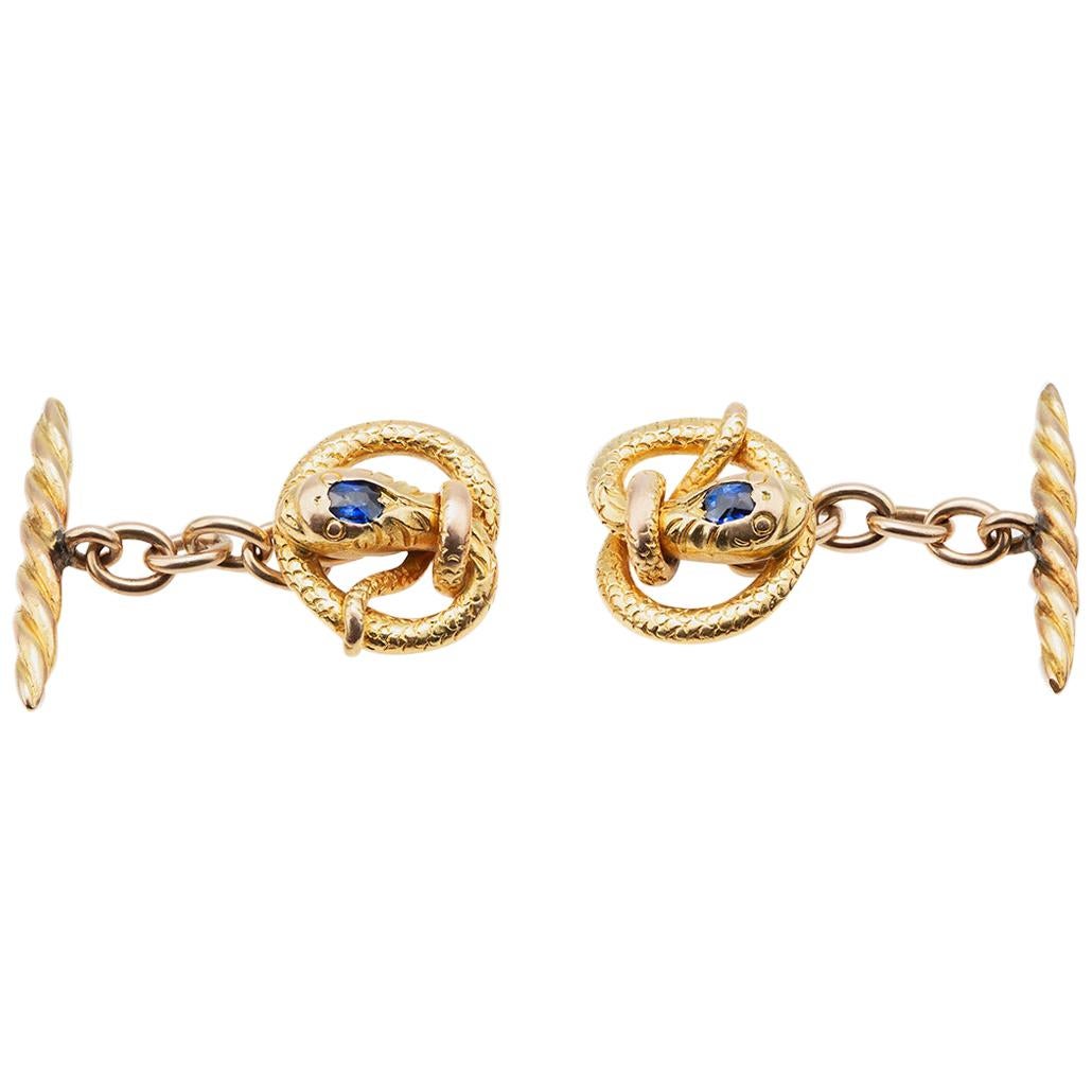 Coiled Serpent Cufflinks 14 Karat Gold with Sapphire Centre, American circa 1890 For Sale