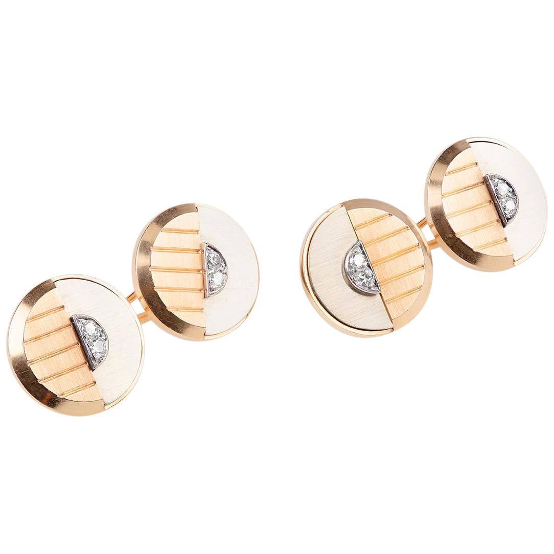 Art Deco Cufflinks in Two Colour 18 Karat Gold with Diamonds, French circa 1930
