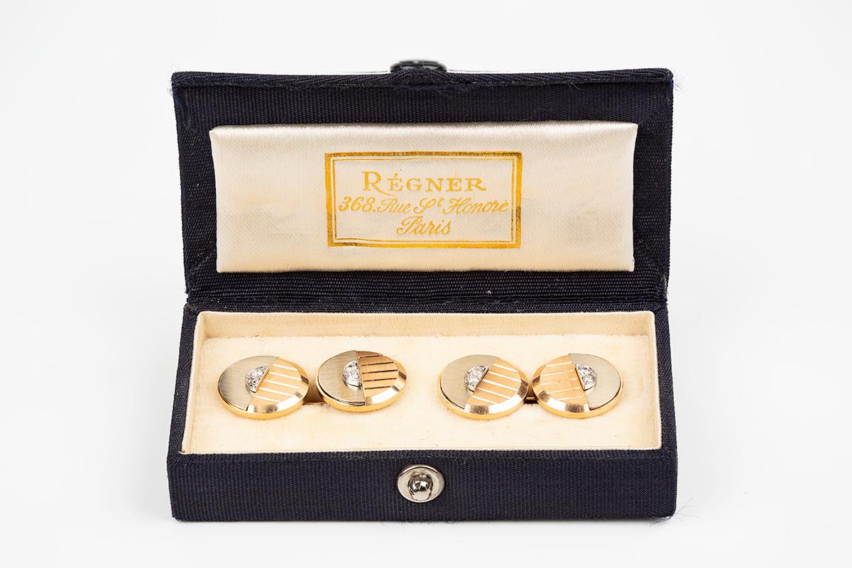 Men's Art Deco Cufflinks in Two Colour 18 Karat Gold with Diamonds, French circa 1930