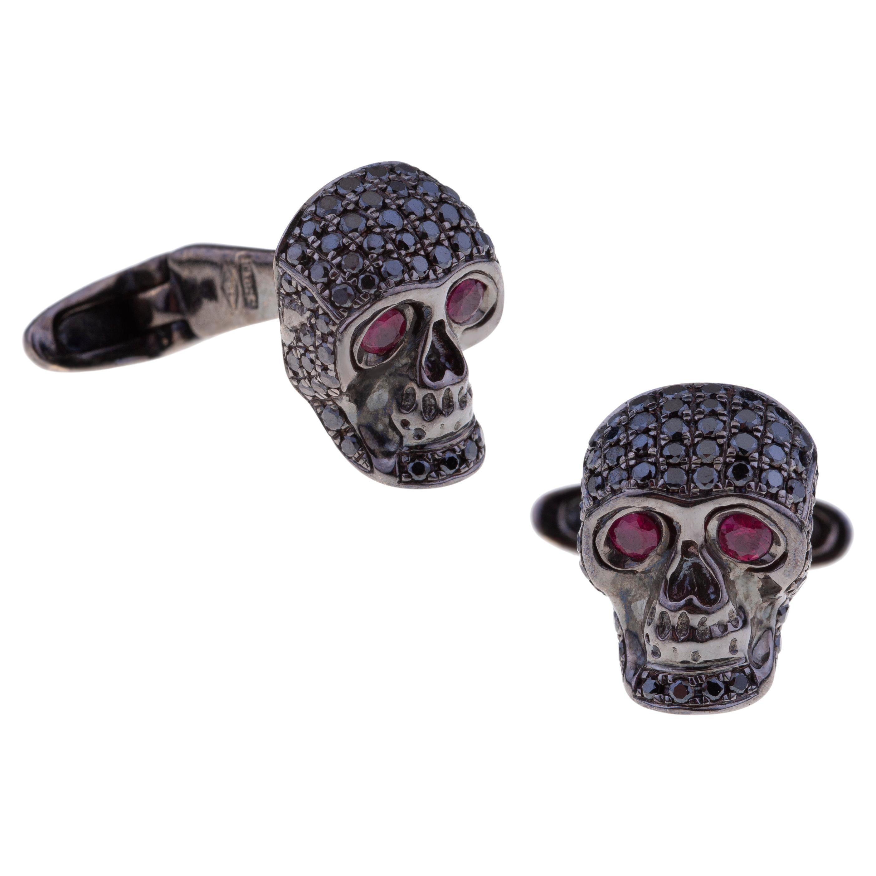 Cufflinks Black Gold from Gavello Featuring a Skull Head Black Diamonds & Ruby For Sale