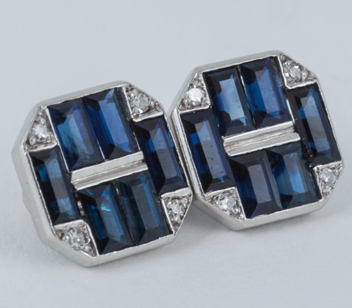Art Deco Cufflinks Cartier Sapphire and Diamond with Two Matching Studs, circa 1930
