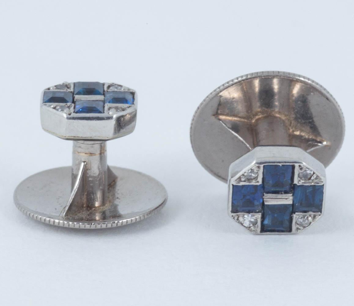 Cufflinks Cartier Sapphire and Diamond with Two Matching Studs, circa 1930 In Excellent Condition In London, GB