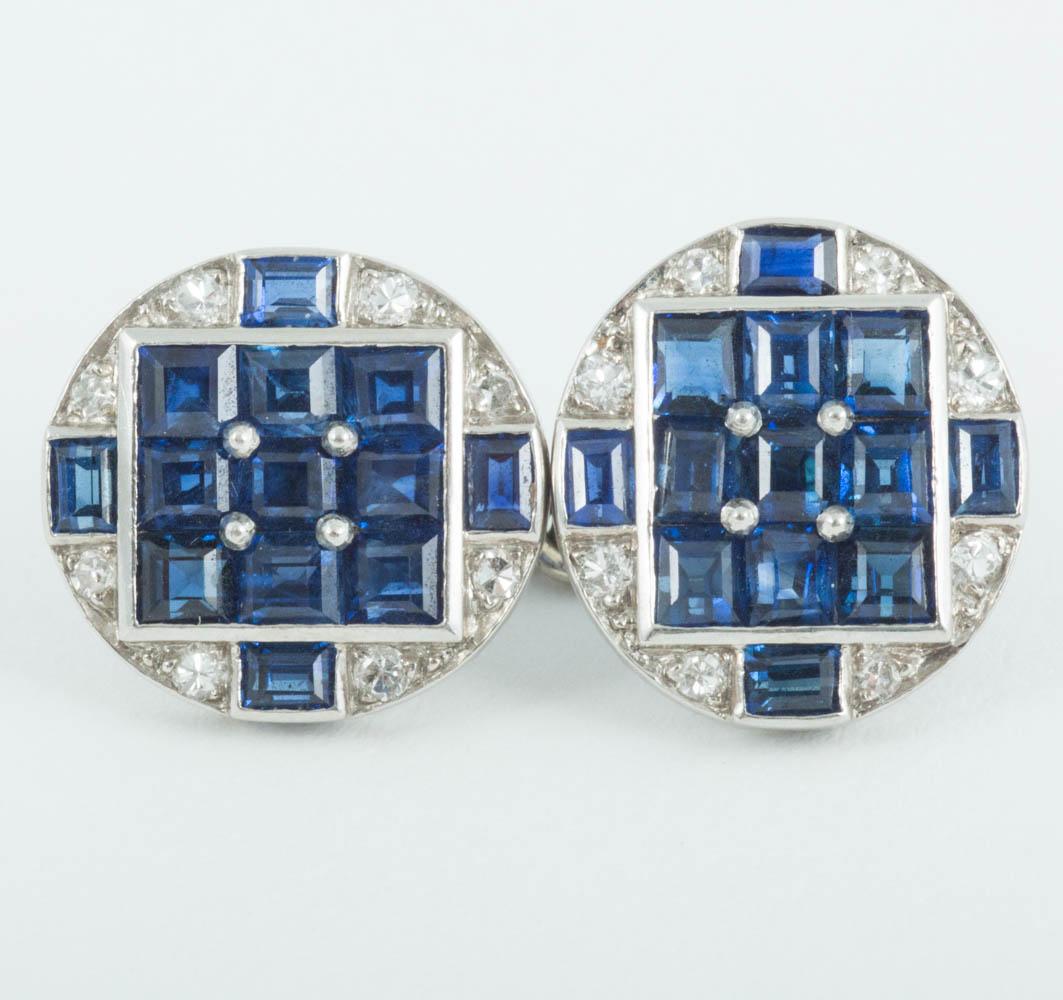 Pair of double sided,platinum mounted cufflinks,set with Ceylon sapphires of exceptional colour,with brilliant cut diamonds.french marked,circa 1925