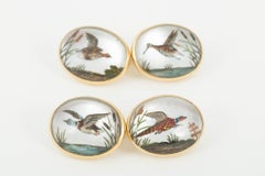 Cufflinks Crystal Game Birds on Mother-of-Pearl, 18 Carat Gold, English, 1870