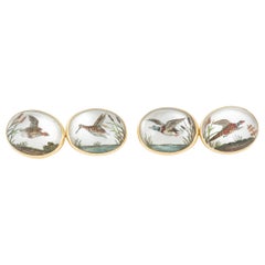 Cufflinks Crystal Game Birds on Mother-of-Pearl, 18 Carat Gold, English, 1870