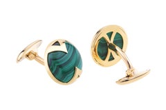 Cufflinks For Men Yellow Gold with Round Malachite Button