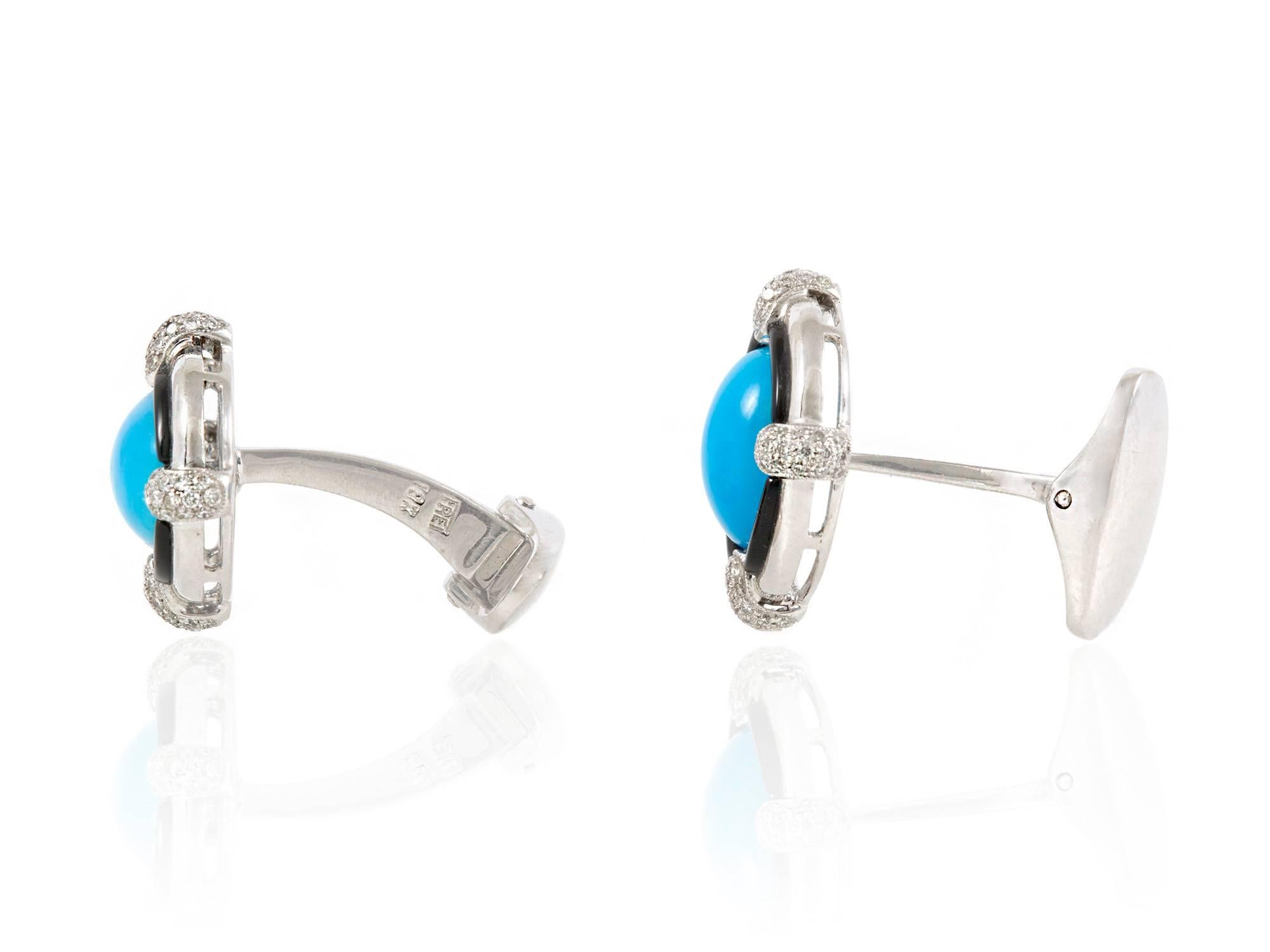 Cufflinks finely crafted in 18k white gold with Turquoise, diamonds and black enamel.