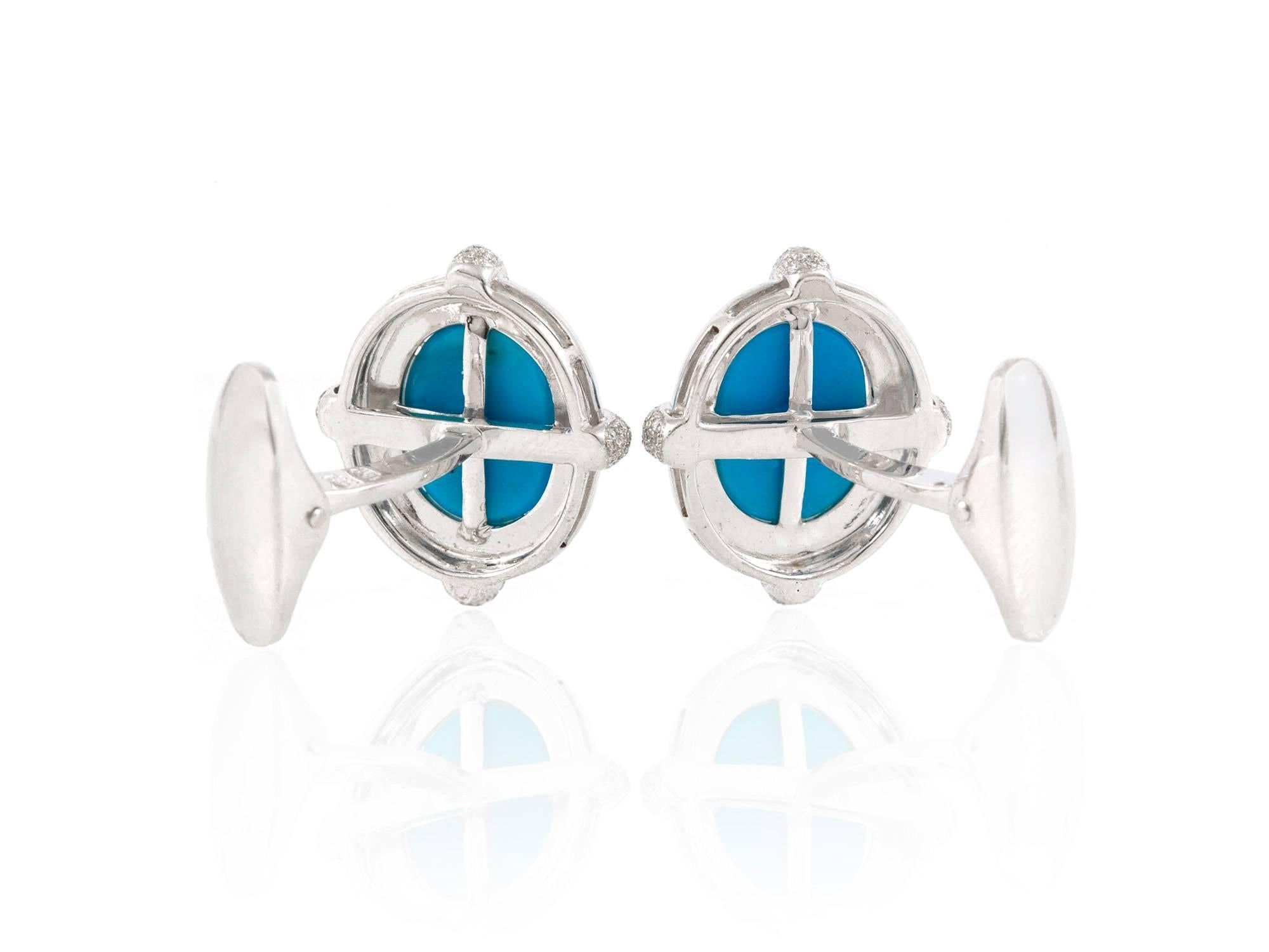 Turquoise and Diamond Cufflinks In Excellent Condition In New York, NY