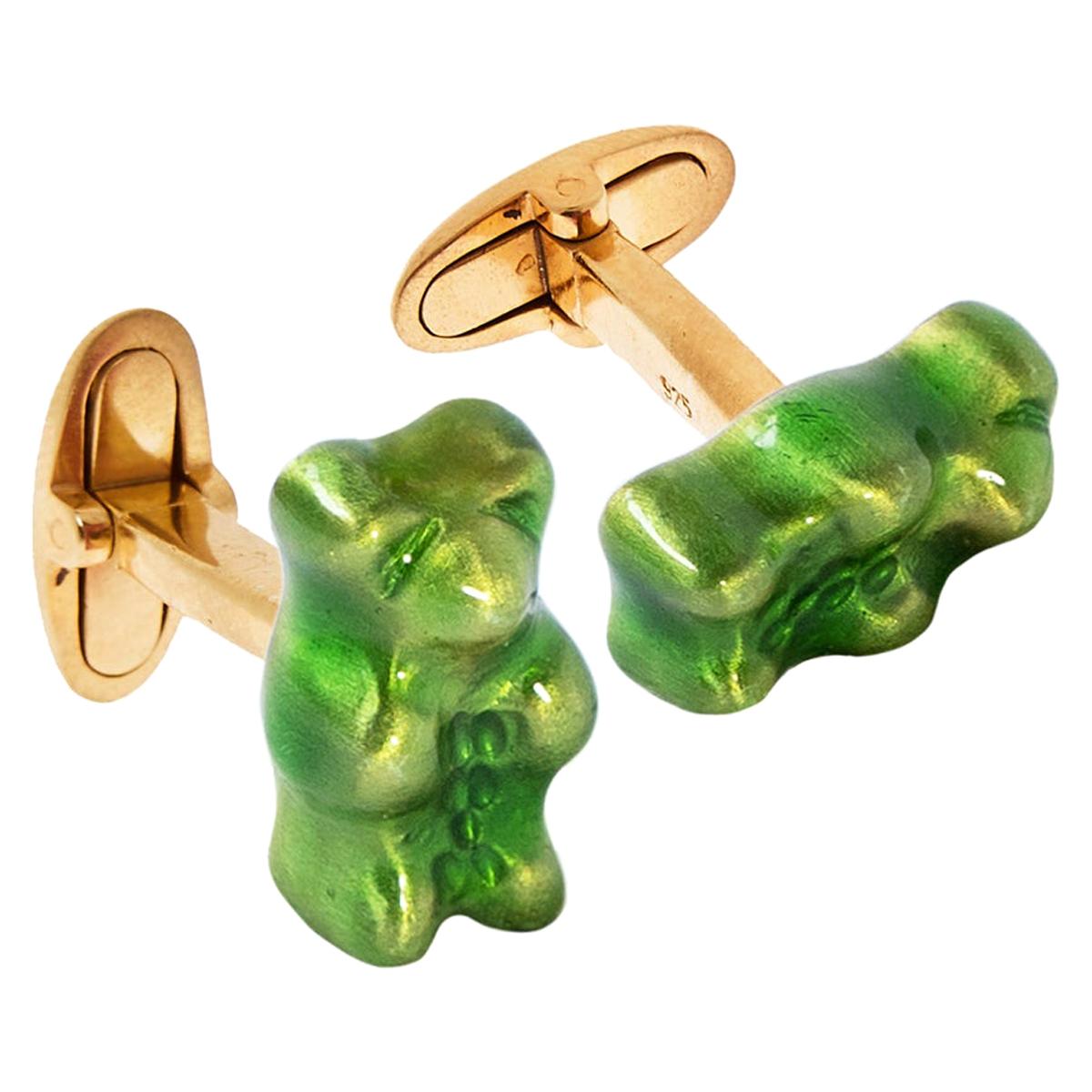 Cufflinks GummyBear Green Color Unisex Gift 18k Silver Gold-Plated Greek Jewelry For Sale