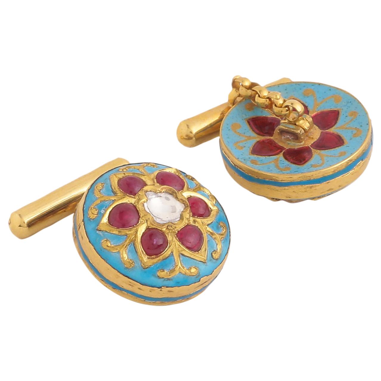 Cufflinks Handcrafted in 18 Karat Gold with Diamonds Rubies and Fine Enamel Work