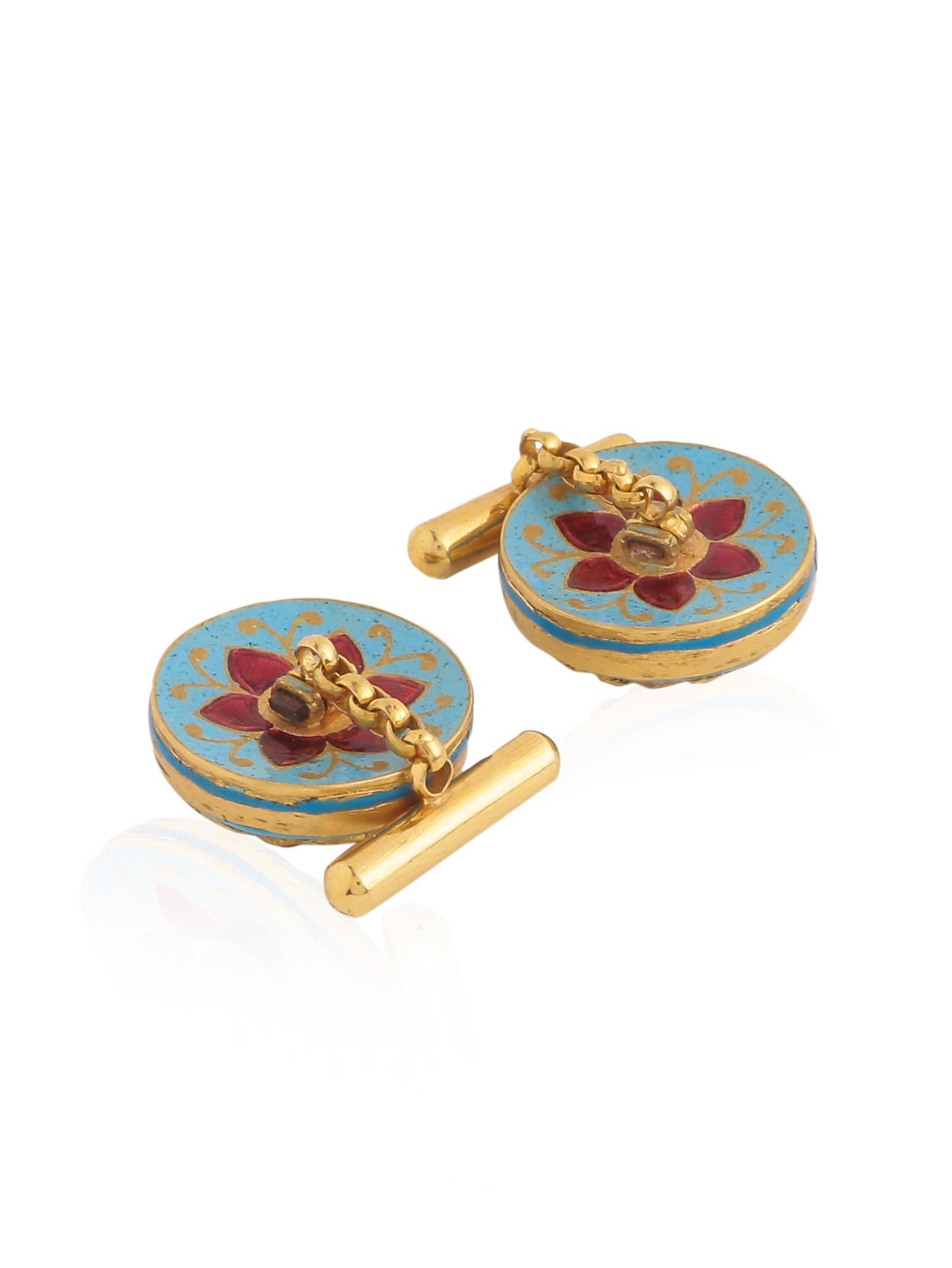 Cabochon Cufflinks Handcrafted in 18 Karat Gold with Diamonds Rubies and Fine Enamel Work