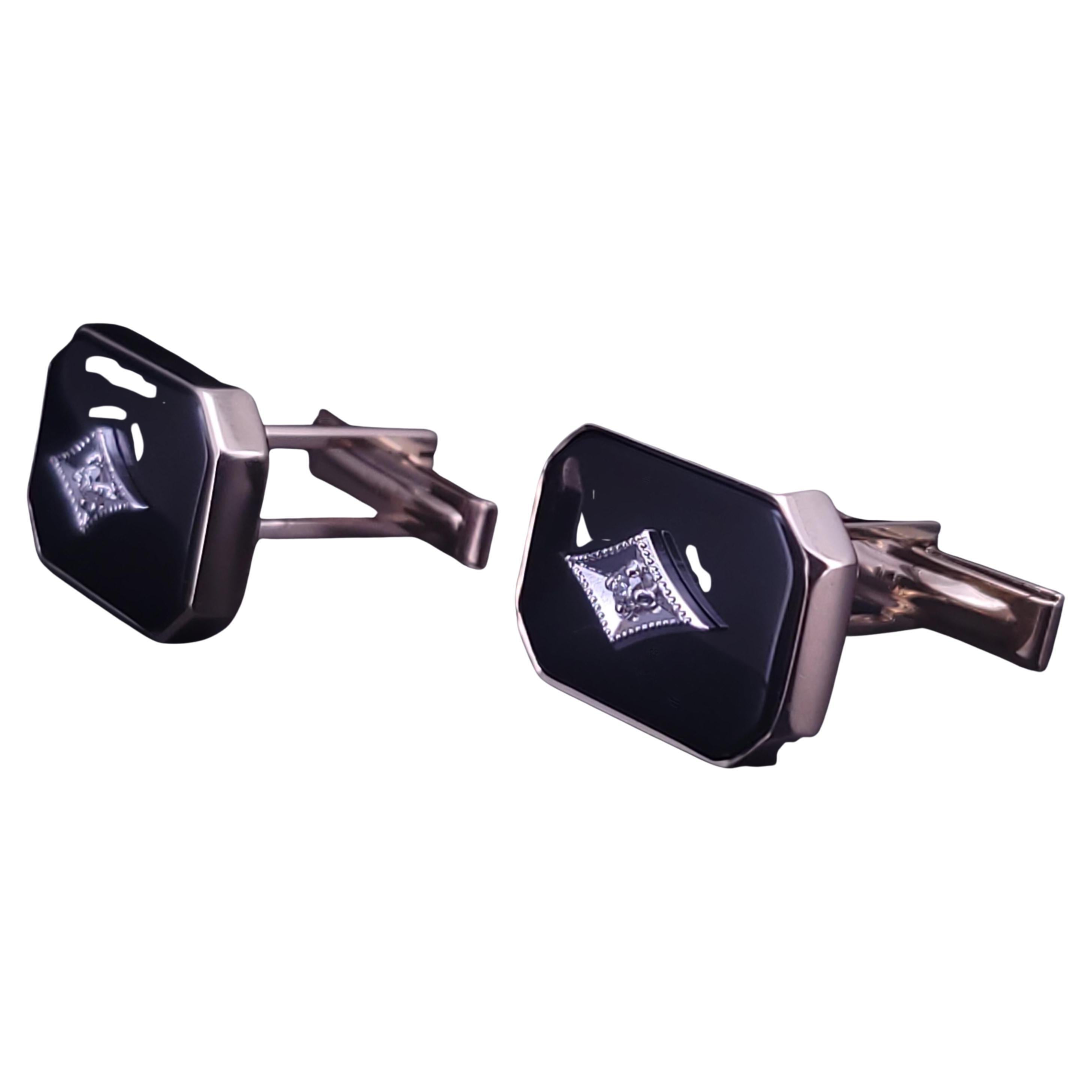 Gemelli in oro giallo 14K con onice nera e diamante in vendita