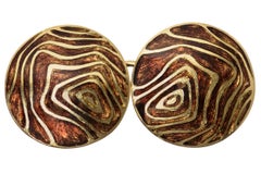 Cufflinks in 18 Carat Gold with Brown Enamel Tree Rings Design, English, 1989