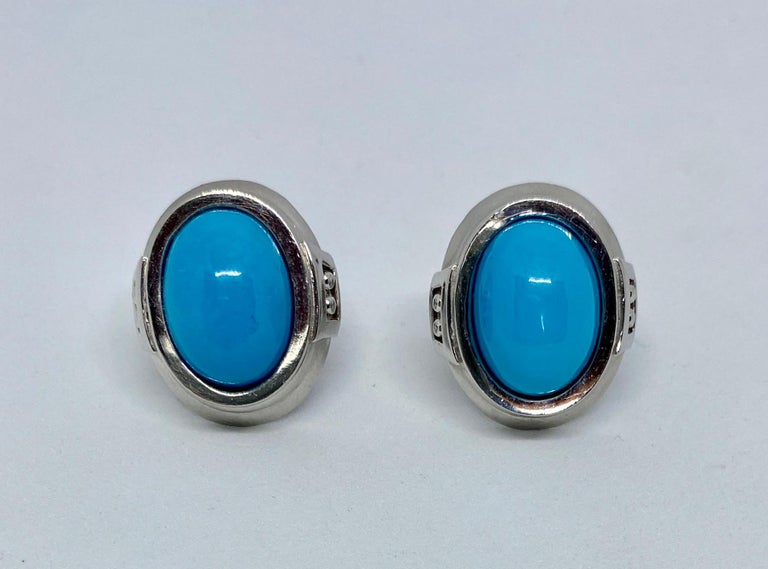Magnificent, one-of-a-kind pair of cufflinks in solid, 18K white gold with cabochon-cut turquoise from the legendary Sleeping Beauty mine. 

The cufflinks are unsigned but were made by Barry Kieselstein-Cord. We were told by Mr. Kieselstein-Cord's
