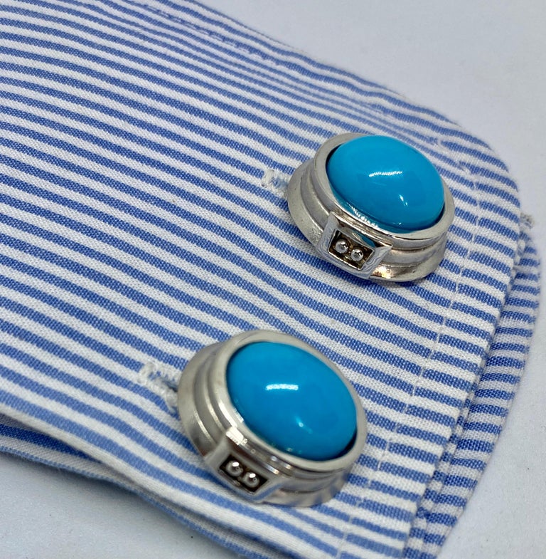 Contemporary Cufflinks in 18K White Gold with Sleeping Beauty Turquoise For Sale