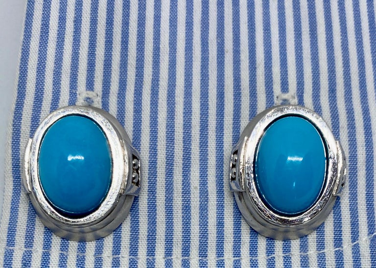 Cufflinks in 18K White Gold with Sleeping Beauty Turquoise In Good Condition For Sale In San Rafael, CA