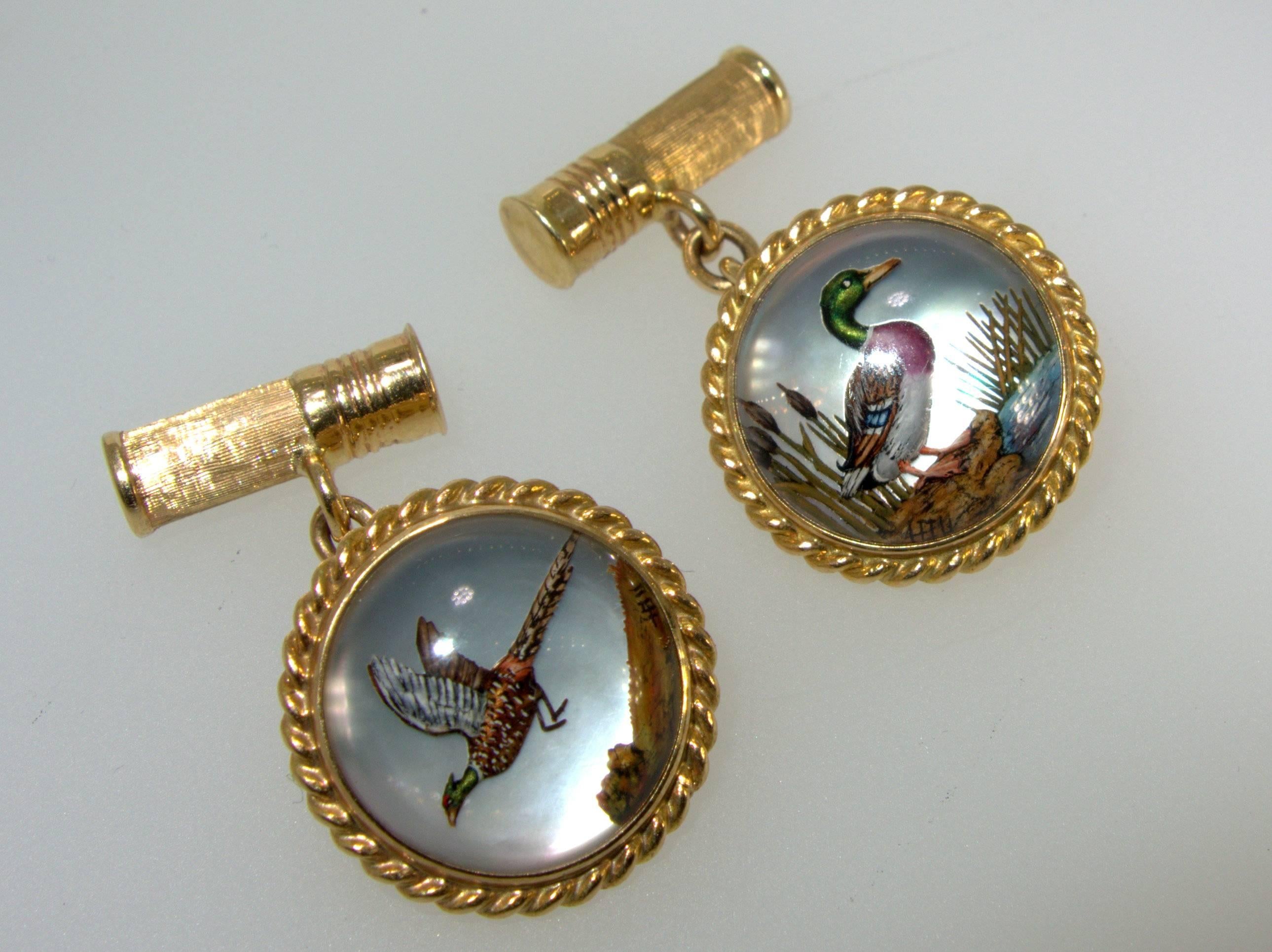 Contemporary Cufflinks in Gold with a Fine Enamel Hunting and Shot Shell Motif, circa 1935