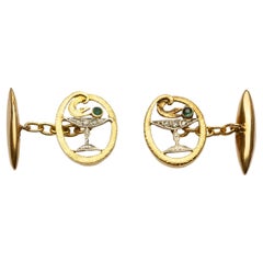 Pharmacist Cufflinks In 18ct Gold With Diamonds Asclepius Snake Art Deco