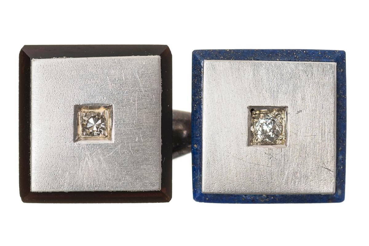 Art Deco Square Cufflinks, Platinum, Diamonds, Onyx and Lapis Lazuli, Austrian circa 1920 For Sale