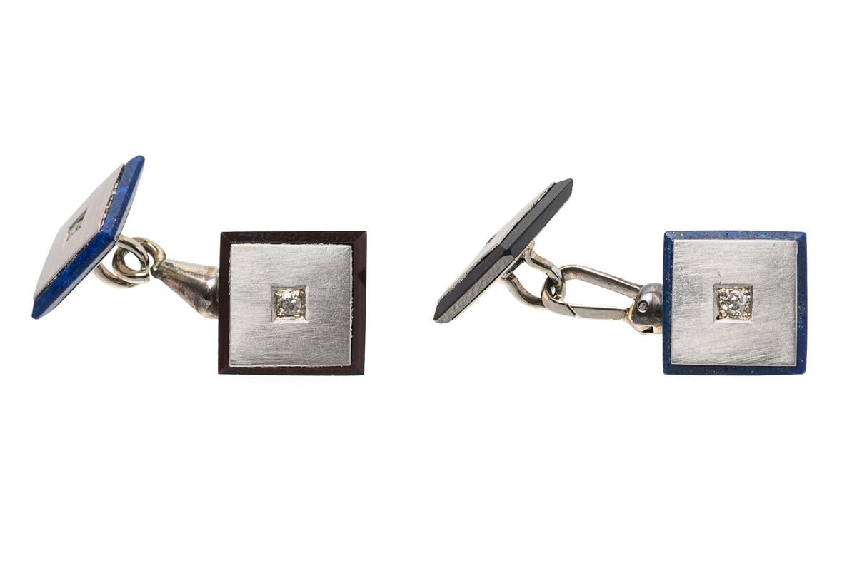 Men's Square Cufflinks, Platinum, Diamonds, Onyx and Lapis Lazuli, Austrian circa 1920 For Sale