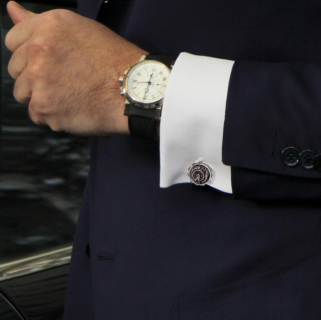 Men's Cufflinks inspired of watch mechanisms, silver, rose gold, black rhodium. For Sale