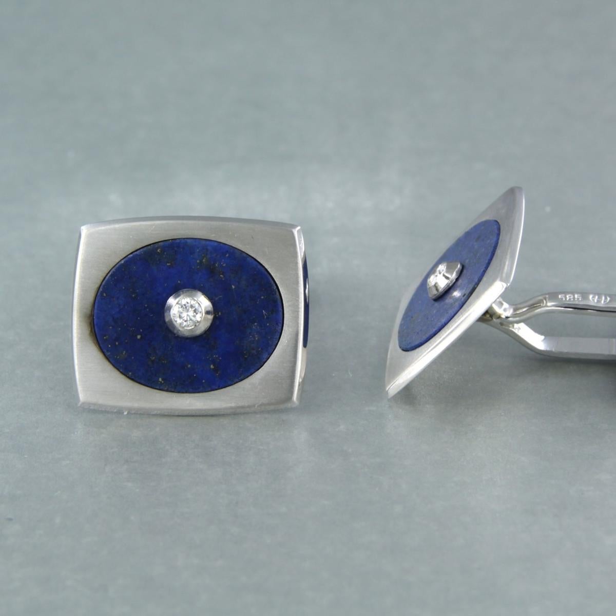 Taille brillant Boutons de manchette Lapis Lazuli Diamant Or blanc 14k en vente
