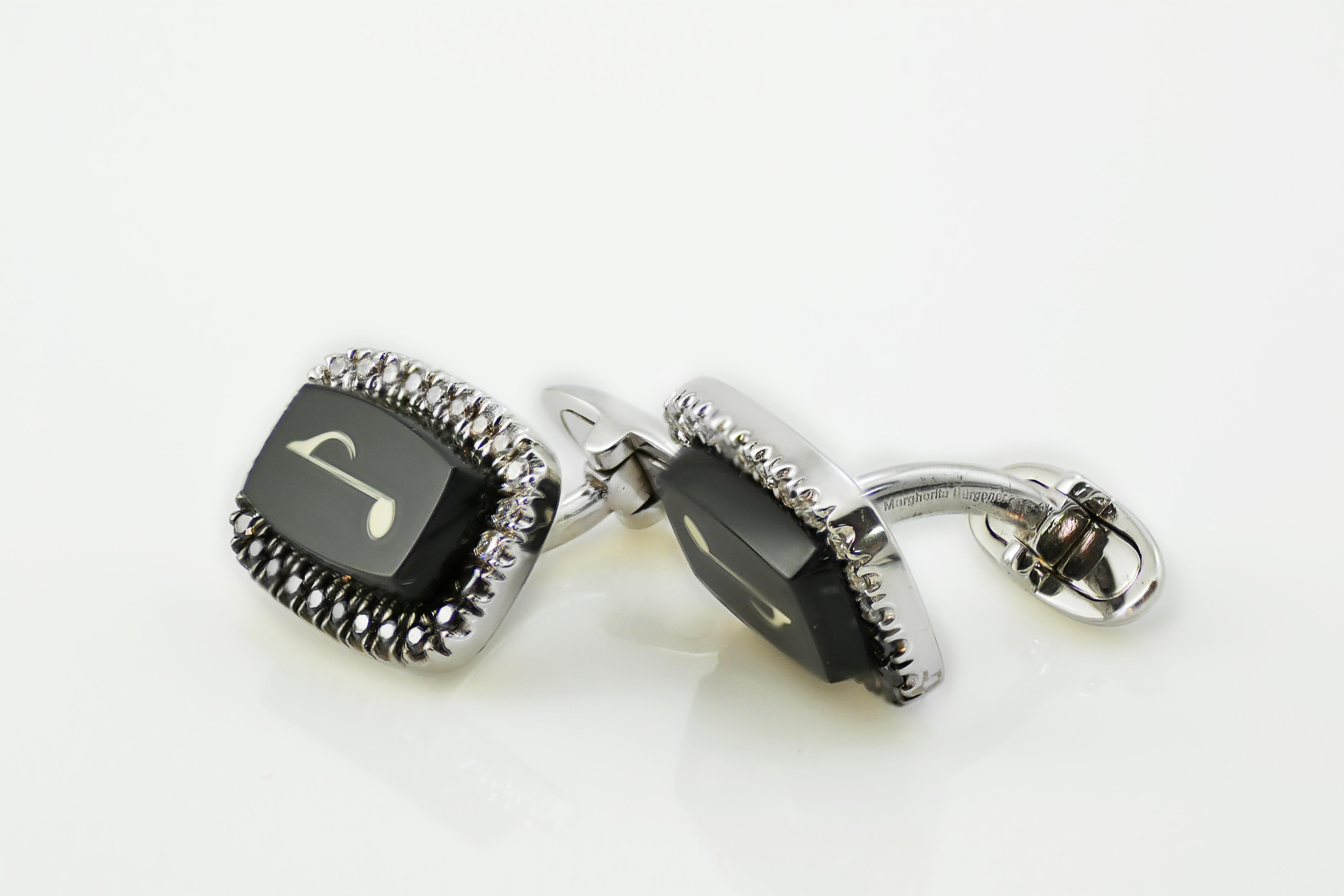 Cufflinks Margherita Burgener Diamond Black Diamond Onyx Gold  Music Note Italy In New Condition In Valenza , IT