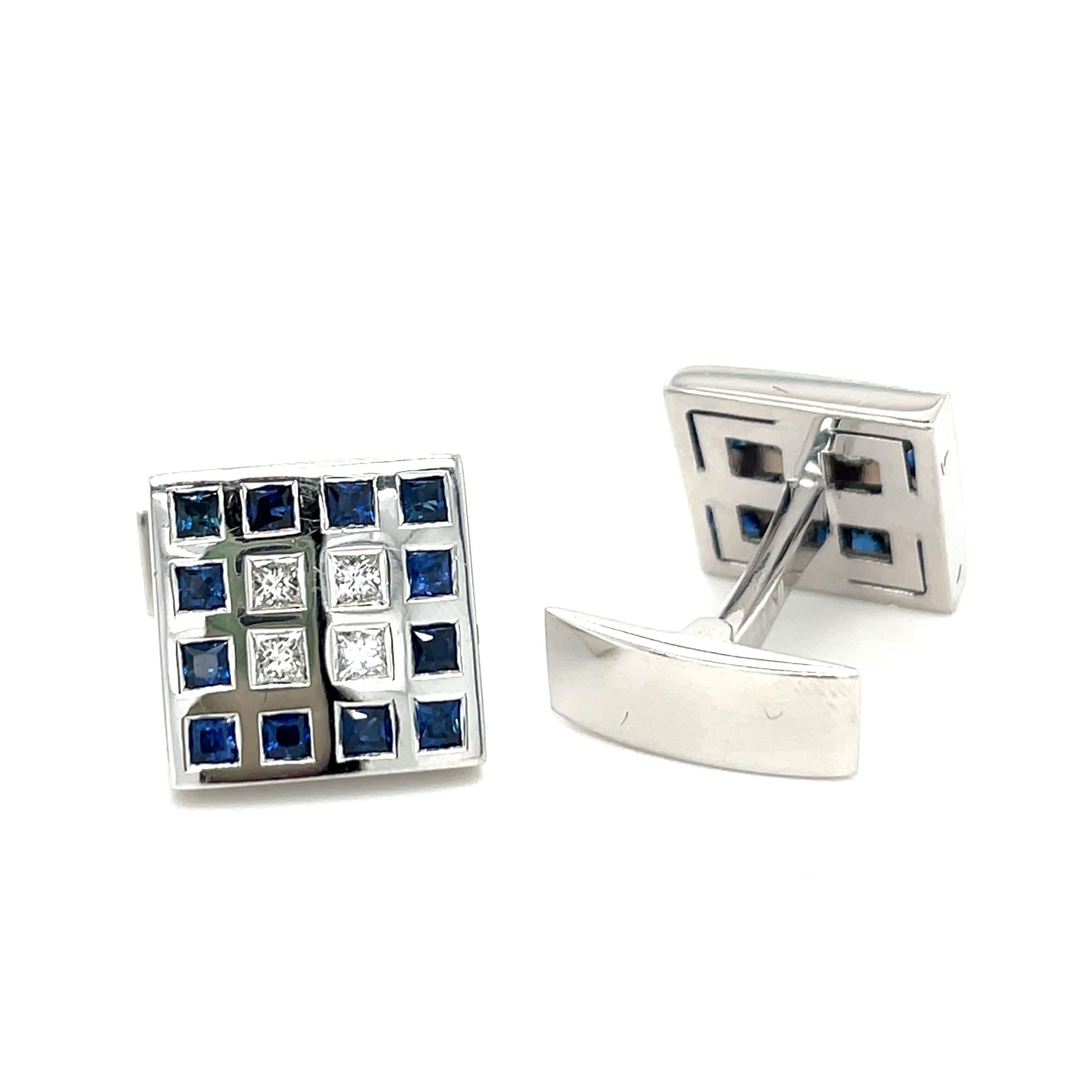 These white gold cufflinks are from Men's Collection. These cufflinks are decorated with 8 Natural Princess Cut Diamond G color VS clarity 0.46 and blue sapphires 1.52 ct. The dimensions of the cufflinks are 1.8cm x 1.8cm. These cufflinks are a