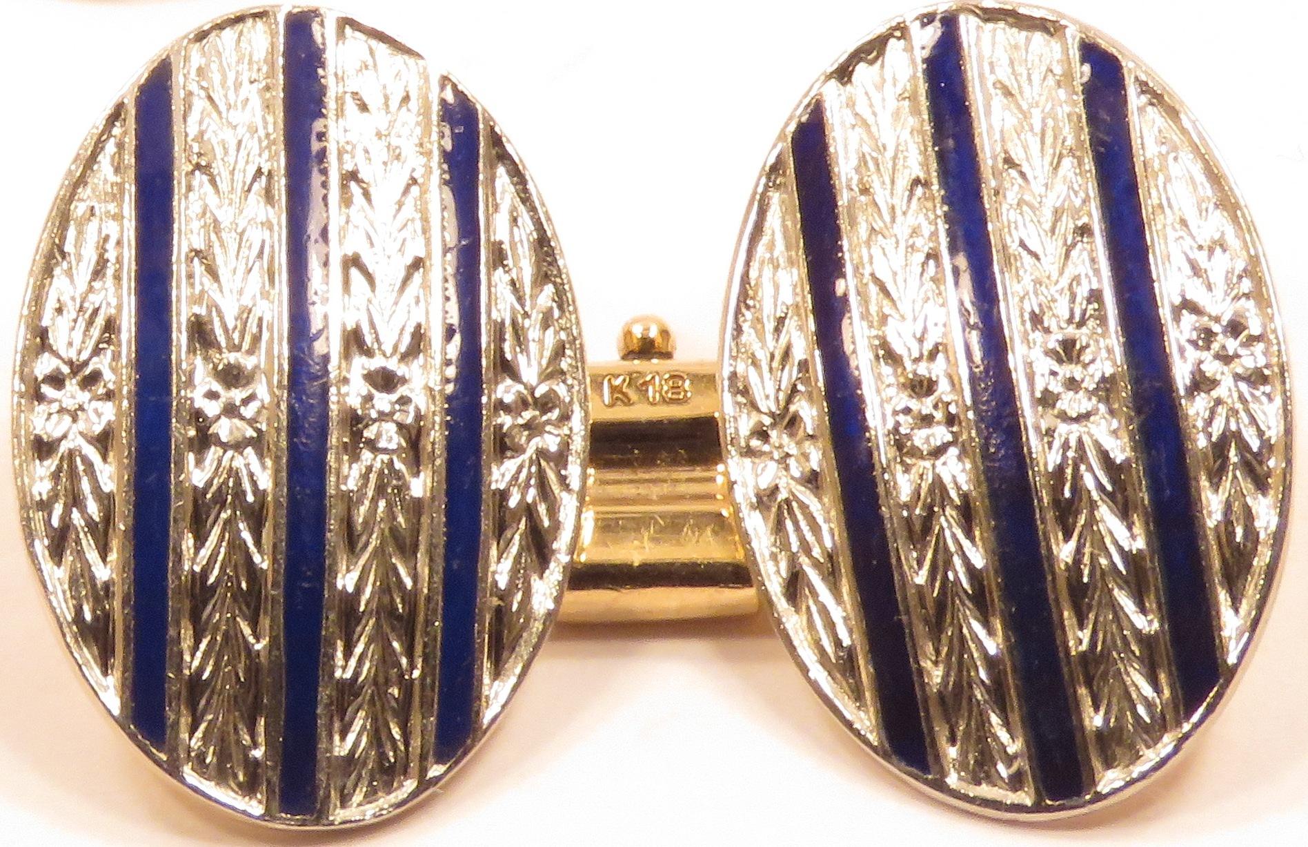  Antike marineblaue emaillierte Manschettenknöpfe aus 18 Karat Gold mit Gravur im Zustand „Hervorragend“ im Angebot in Milano, IT