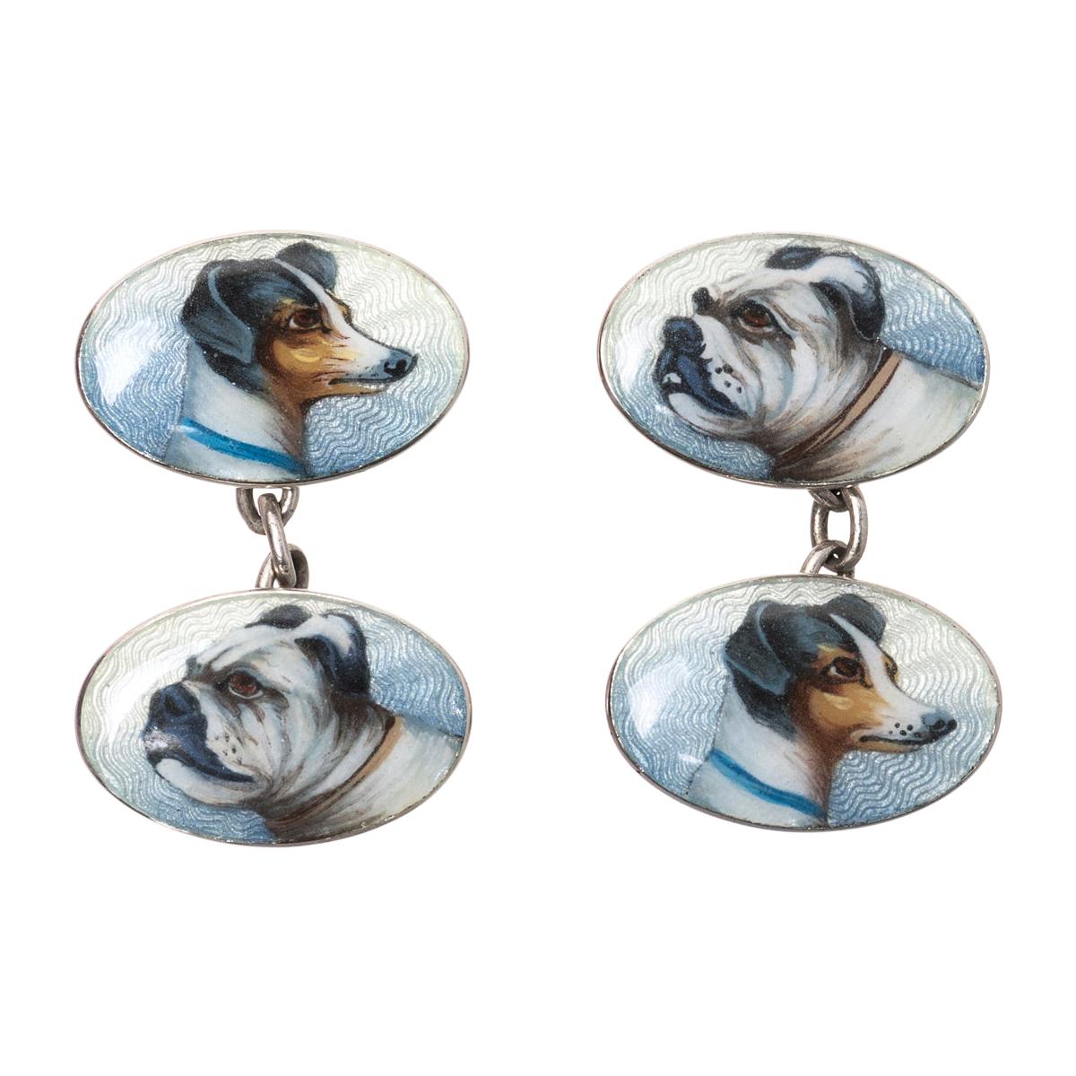 Cufflinks of German Hunting Dogs in Colored Enamel & Sterling Silver, circa 1900 For Sale