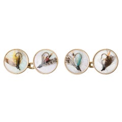 Cufflinks, Trout Flies on Crystal, Mother of Pearl and Gold, English dated 1997 Vintage Cufflinks, Trout Flies on Crystal, Mother of Pearl and Gold, English dated 1997