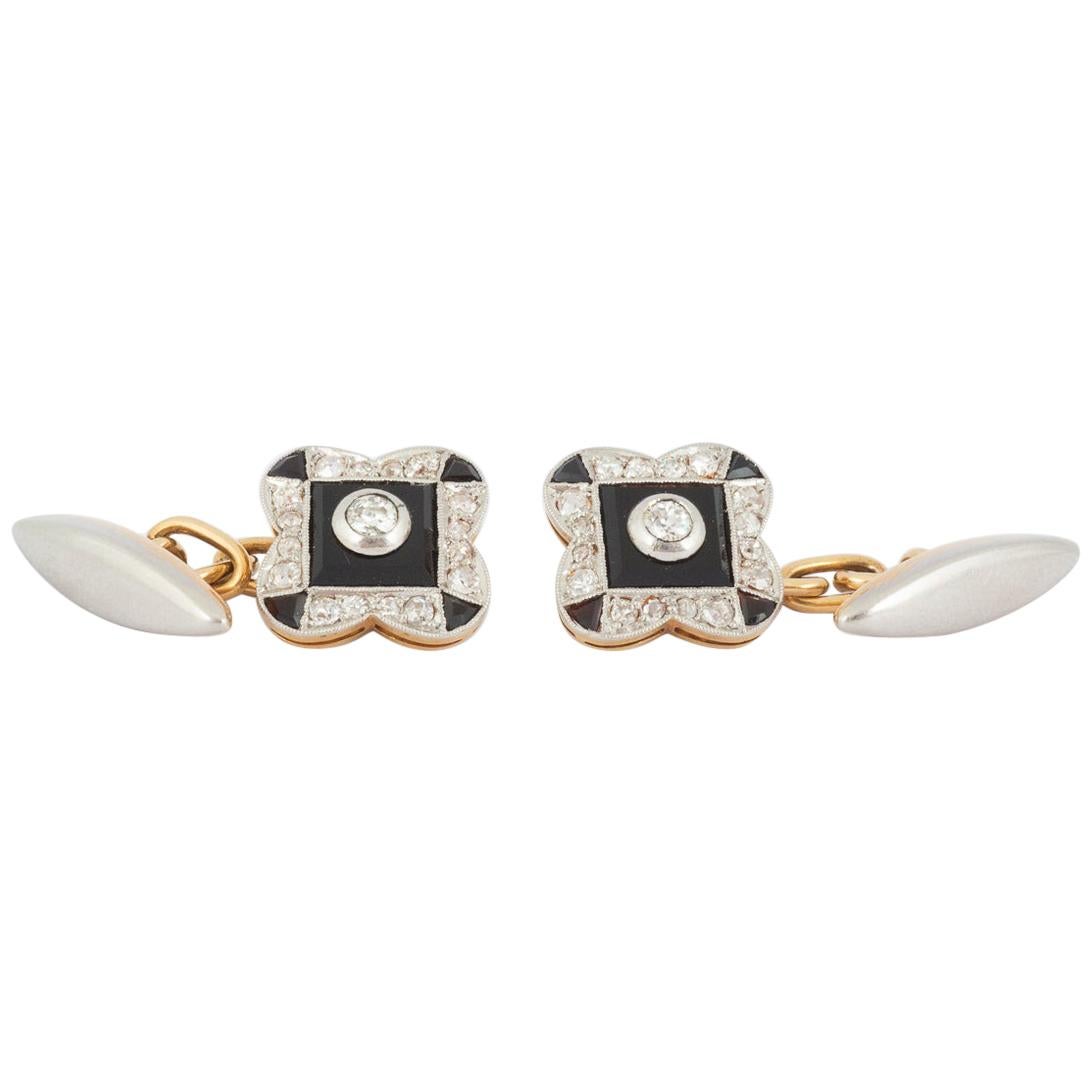 Vintage 1920’s Onyx and Diamond Cufflinks in Gold & Platinum, English circa 1925