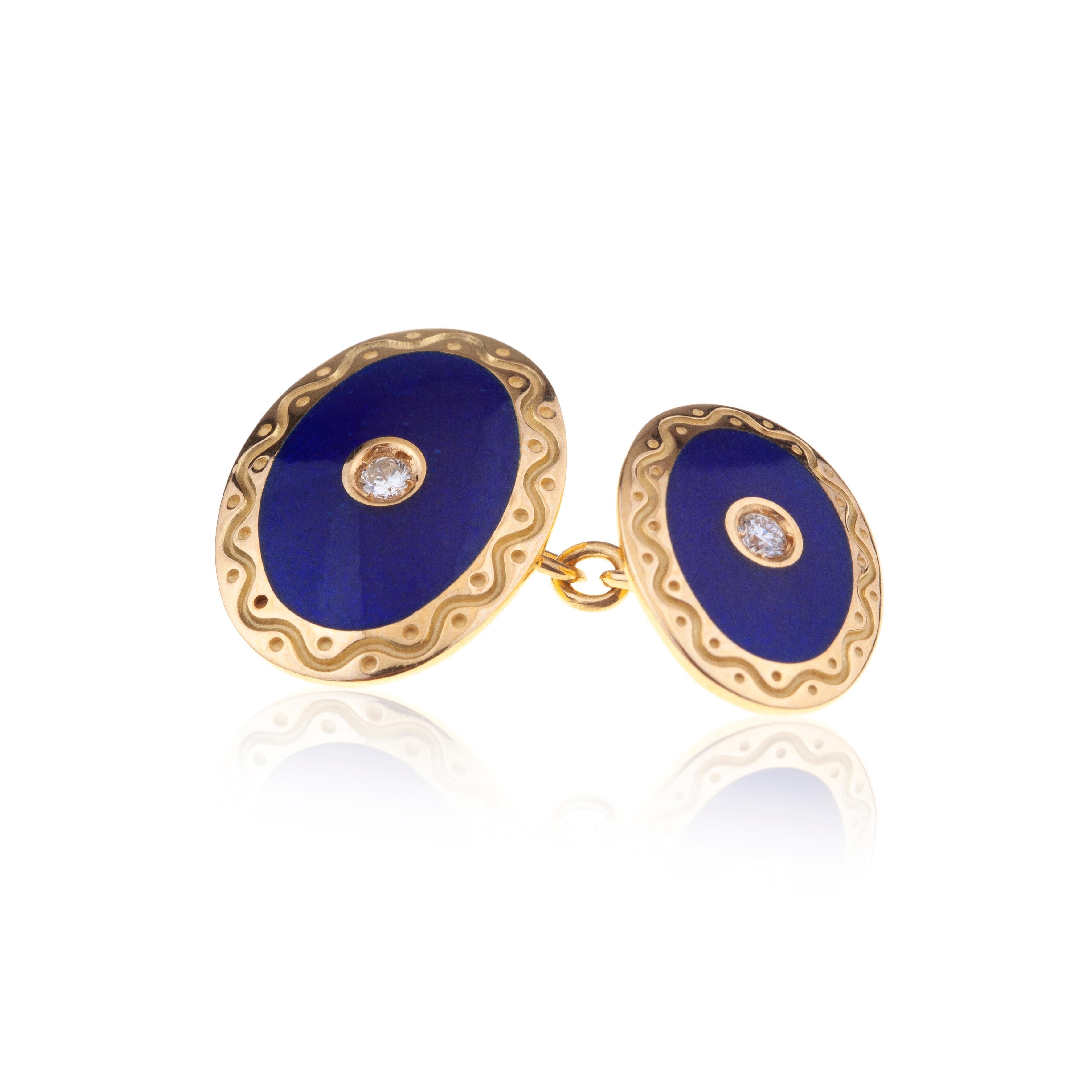 Cufflinks Oval 18kt Gold with Blue Enamel and Diamonds.
Cufflinks for Men for Business or Leisure Time to be worn on white, light blue or stripe Cuff Shirts.  
Four Diamonds are set on the 18kt Gold Blue Enamel oval on both sides.  
The weight of