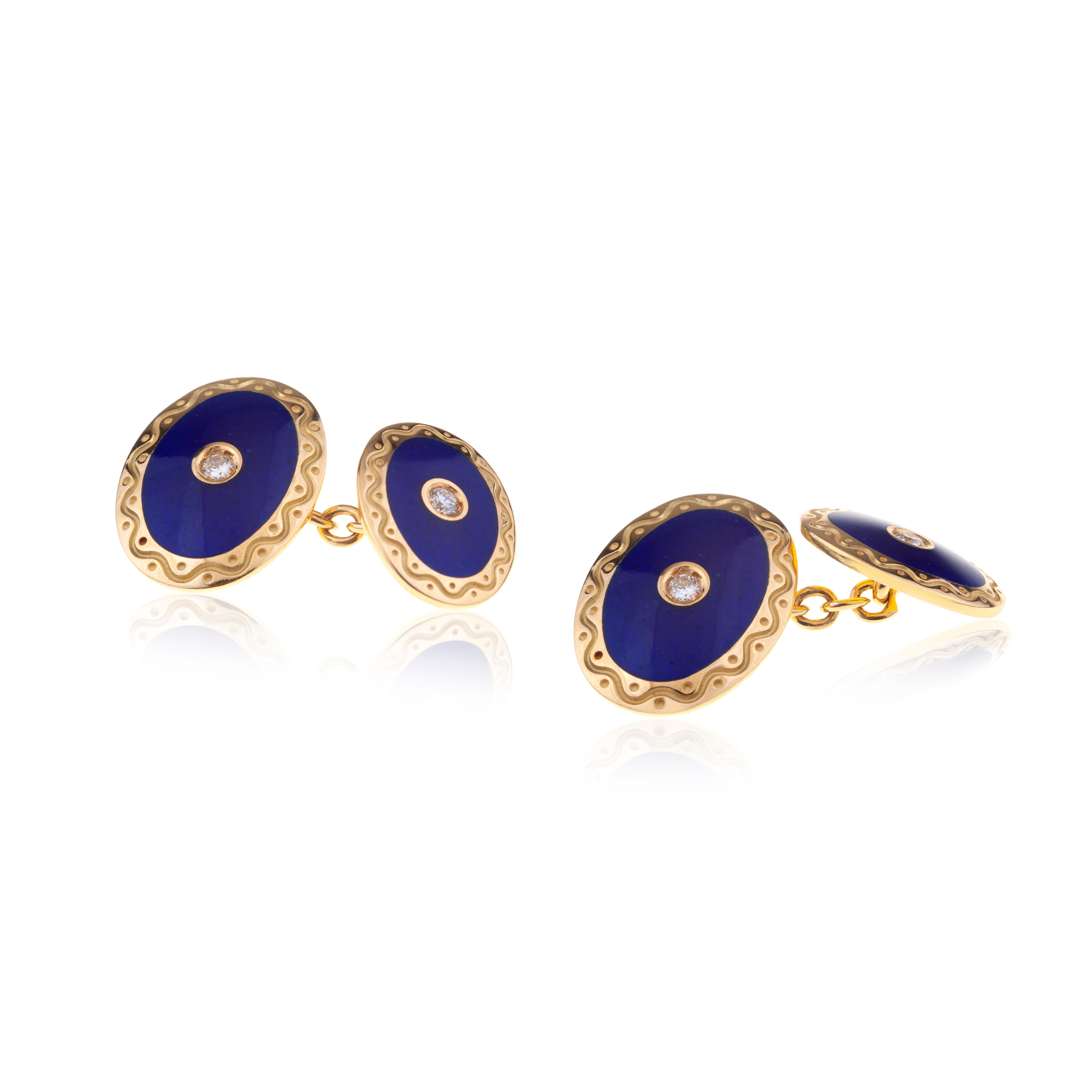 Manschettenknöpfe Oval 18kt Gold mit blauer Emaille und Diamanten (Zeitgenössisch) im Angebot