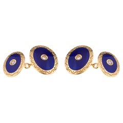 Cufflinks Oval 18kt Gold with Blue Enamel and Diamonds