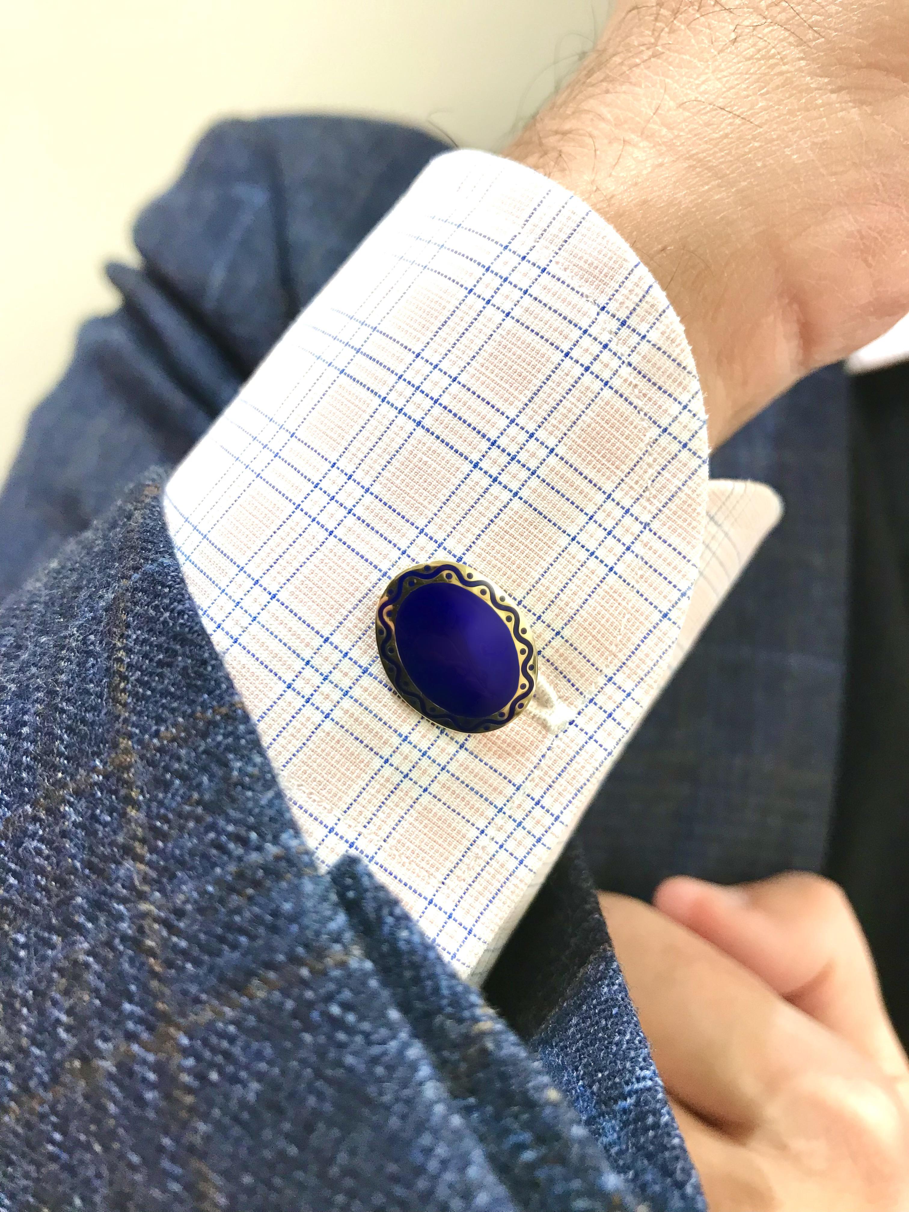 Contemporary Cufflinks Oval 18kt Gold with Blue Enamel For Sale