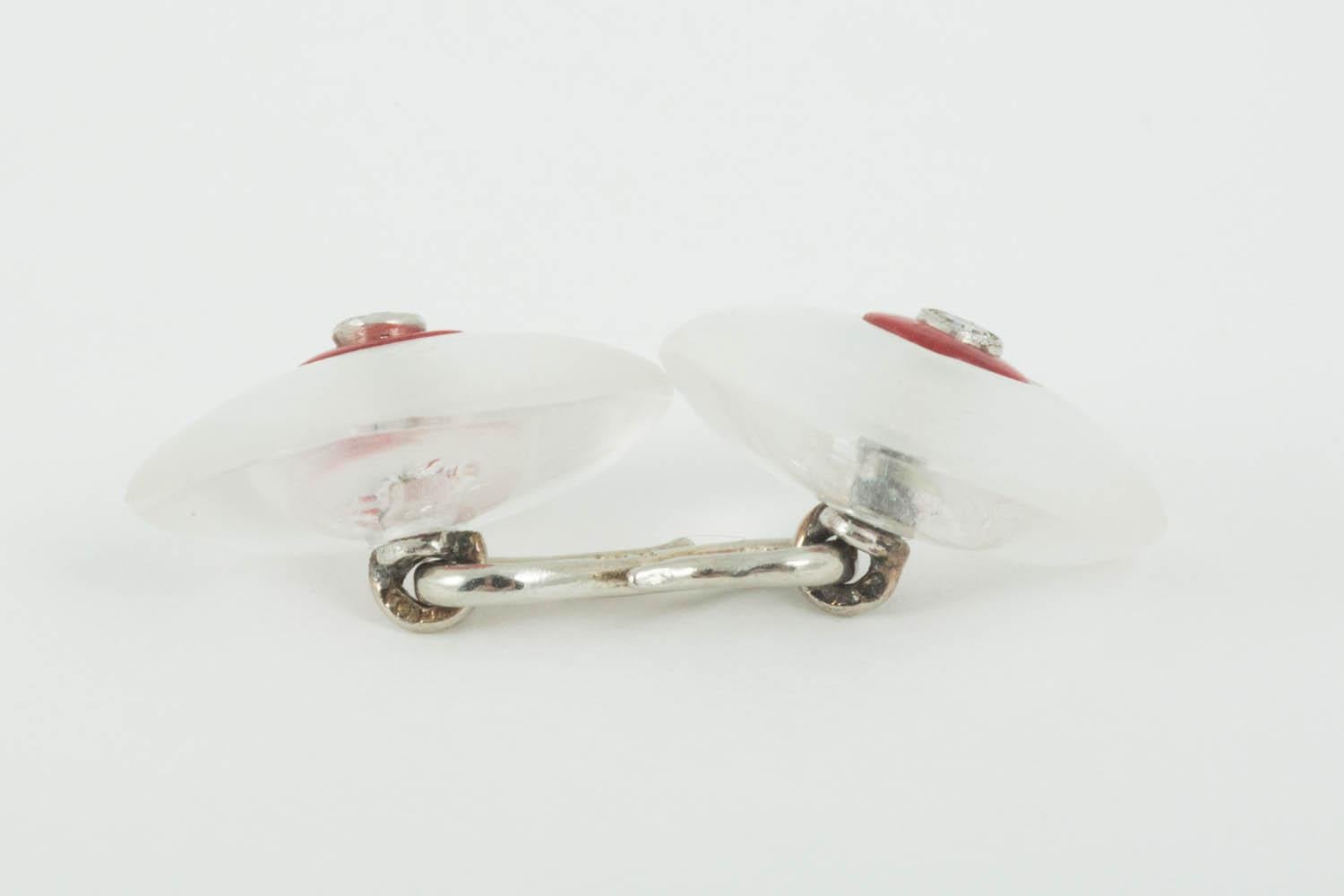 Round Cut Cufflinks Pair of Crystal Diamond Coral Mounted in Platinum, French, circa 1920 For Sale