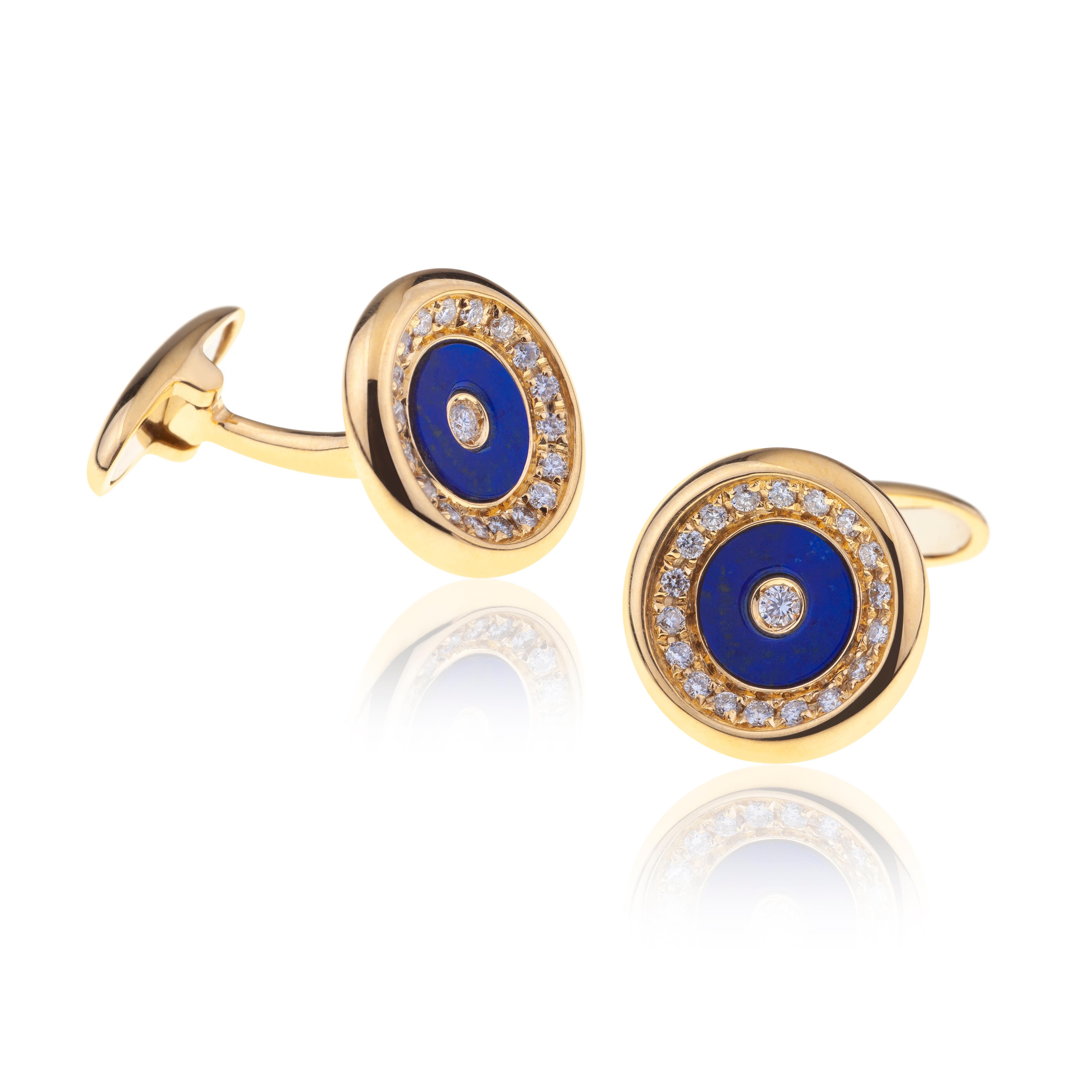 Cufflinks Round 18kt Gold with Lapislazzuli and diamonds.
Cufflinks for Men for Business or Leisure Time to be worn on white, light blue or stripe Cuff Shirts.  
The circle of lapislazzuli is set on gold with a circle of diamonds and a central one,