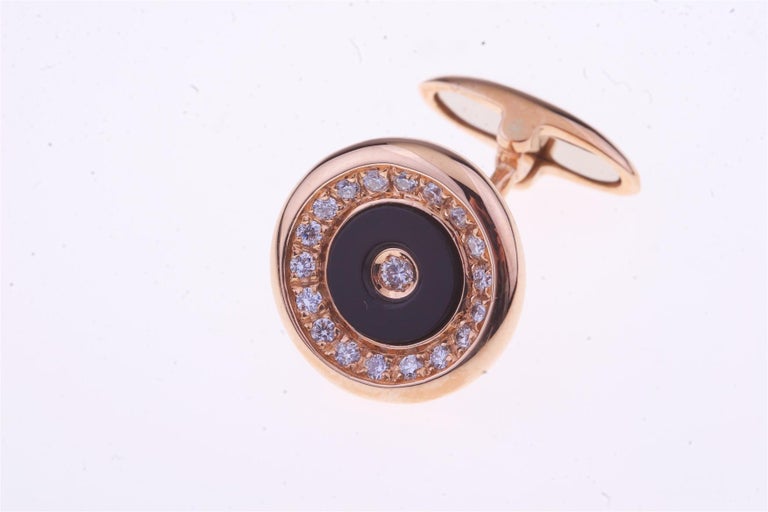 Women's or Men's Cufflinks Round 18kt Gold with Onyx and Diamonds For Sale