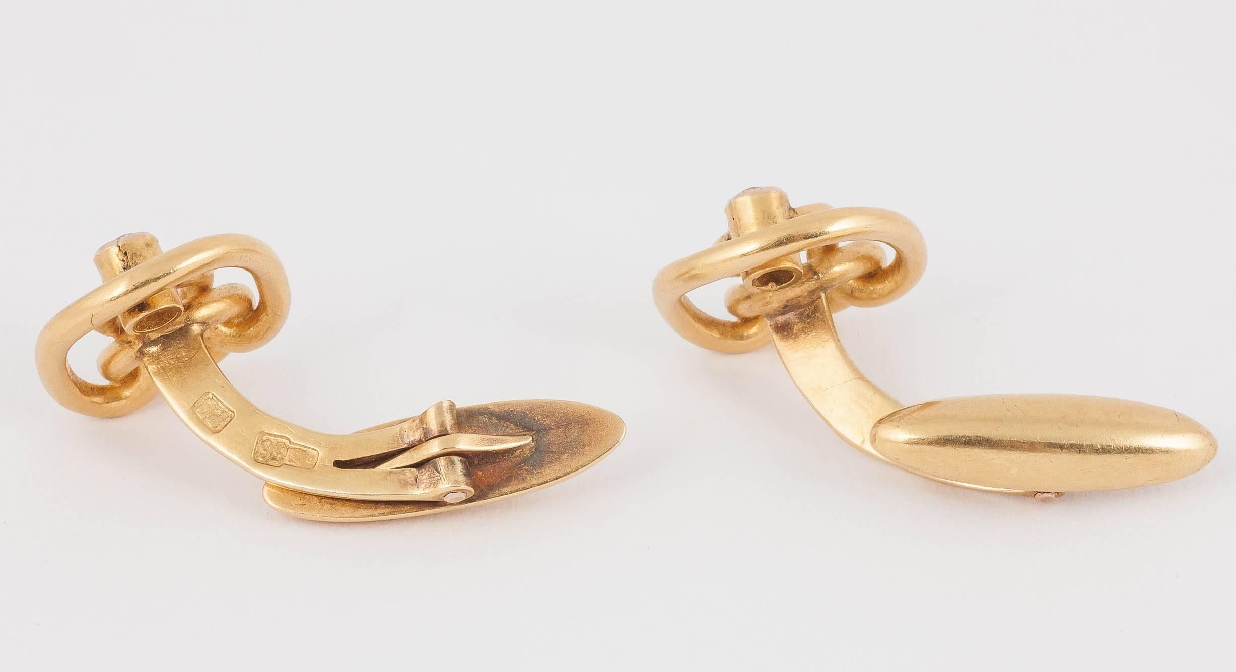 Round Cut Cufflinks 14 Karat Gold Openwork Knots with Diamond Collet, Russian circa 1890 For Sale