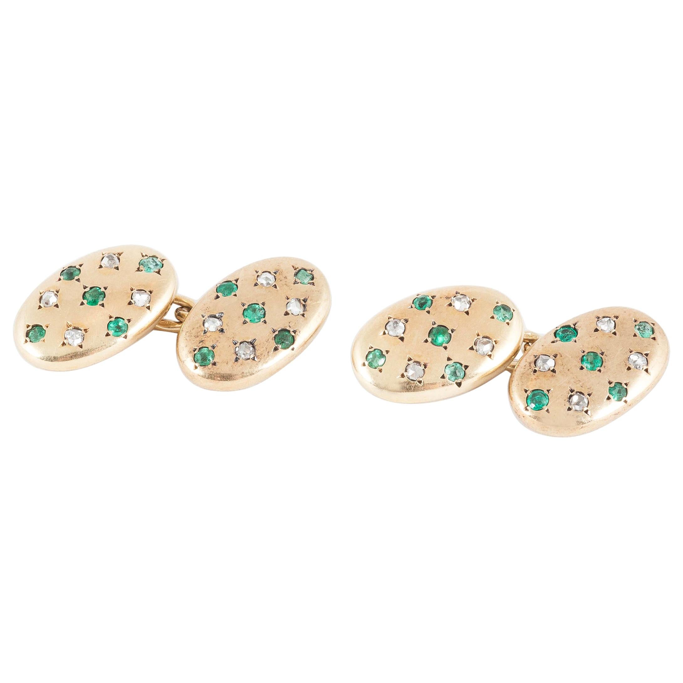 Cufflinks in 18 Karat Gold set with Emeralds and Diamonds, French circa 1900. For Sale