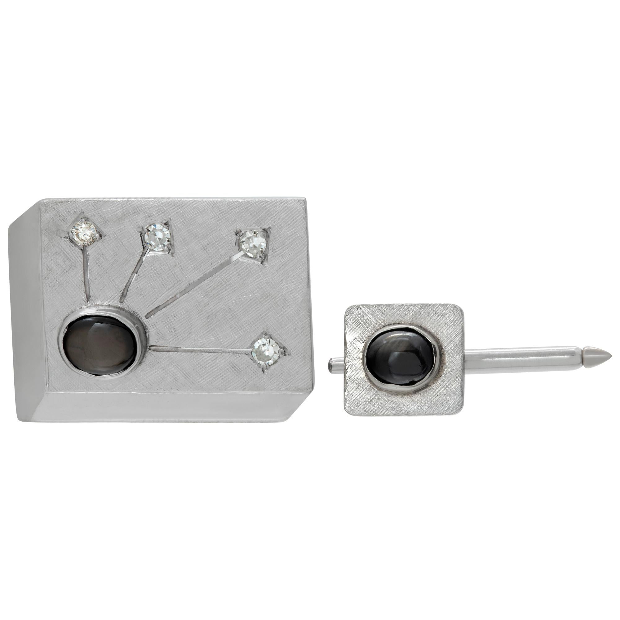 Women's Cufflinks Set in 14k White Gold with Black Star Sapphire and Diamond Accents For Sale