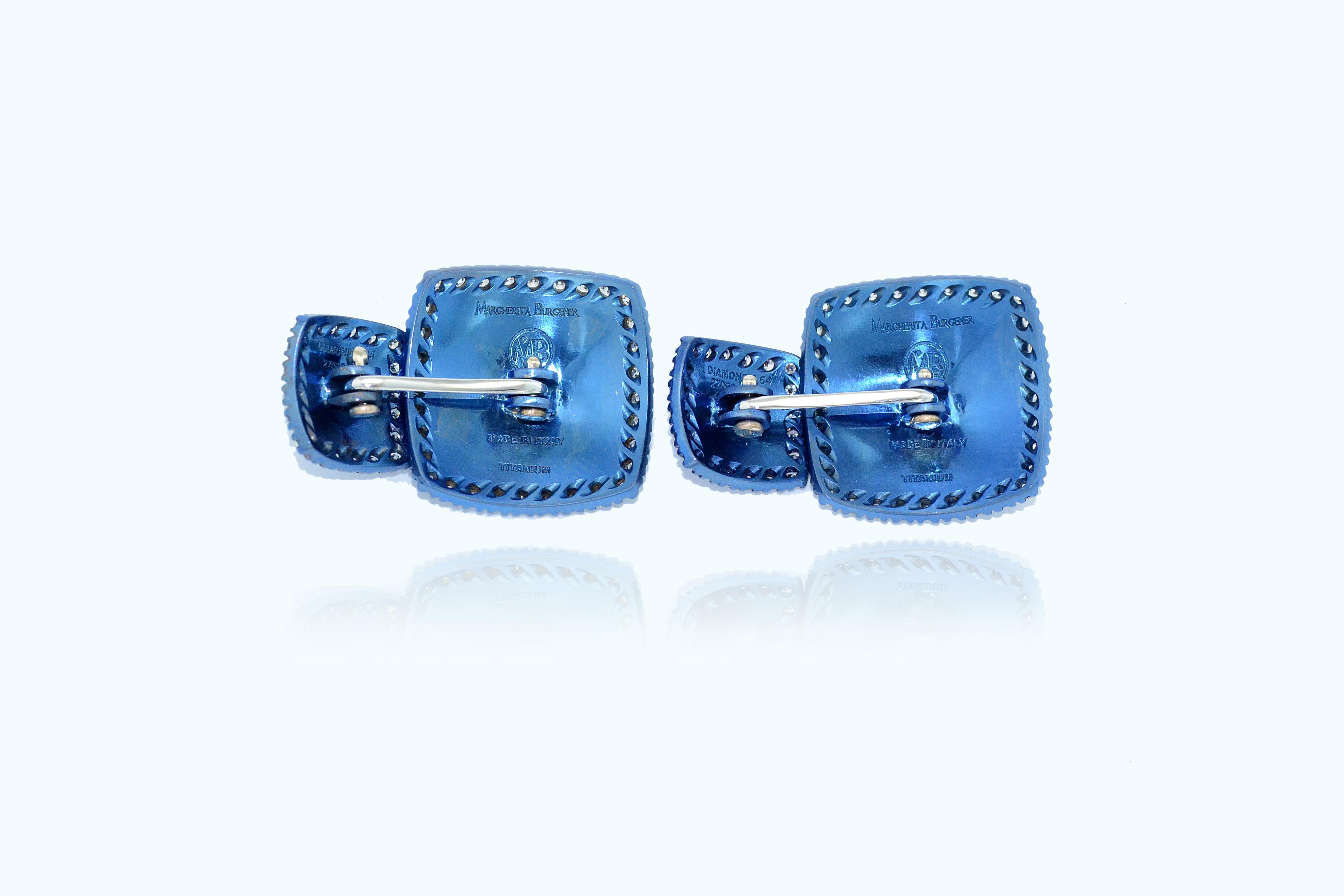 Handcrafted in Italy,  in blue titanium and white gold.
18K gold for  total grams 6.21
number 104 diamonds for total carat weight 1.24

The diamonds we use are natural diamonds and not synthetic. The diamonds have been purchased from legitimate