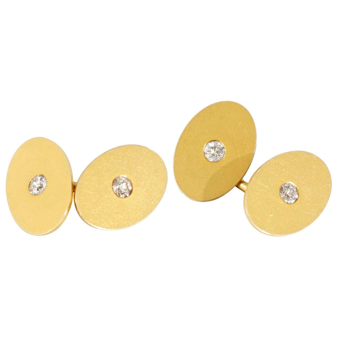 Tiffany & Co. Oval Cufflinks 18 Kt Gold with Diamond, United States circa 1900 For Sale