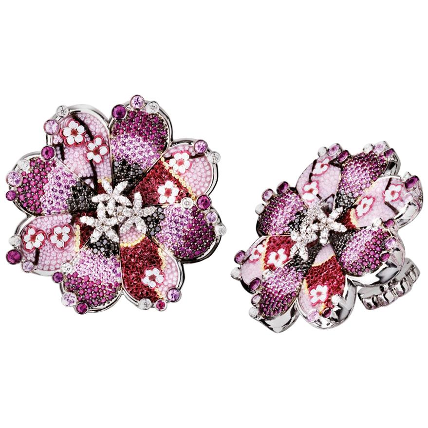 Cufflinks White Gold White & Black Diamonds Sapphires Hand Decorated Micromosaic For Sale