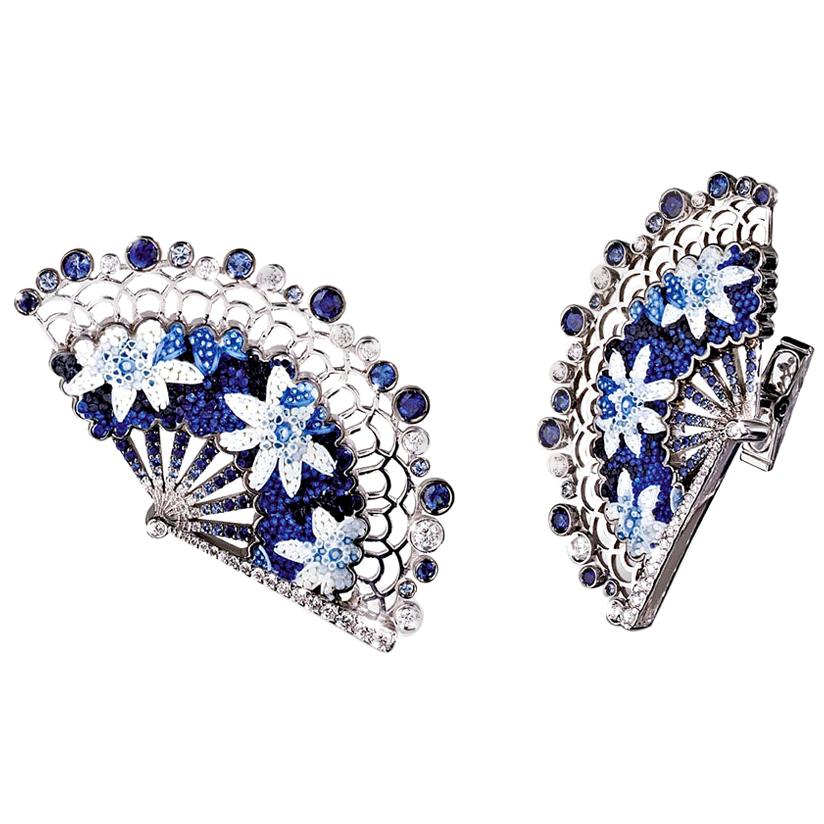 Cufflinks White Gold White Diamonds Sapphires Hand Decorated with Micro Mosaic For Sale