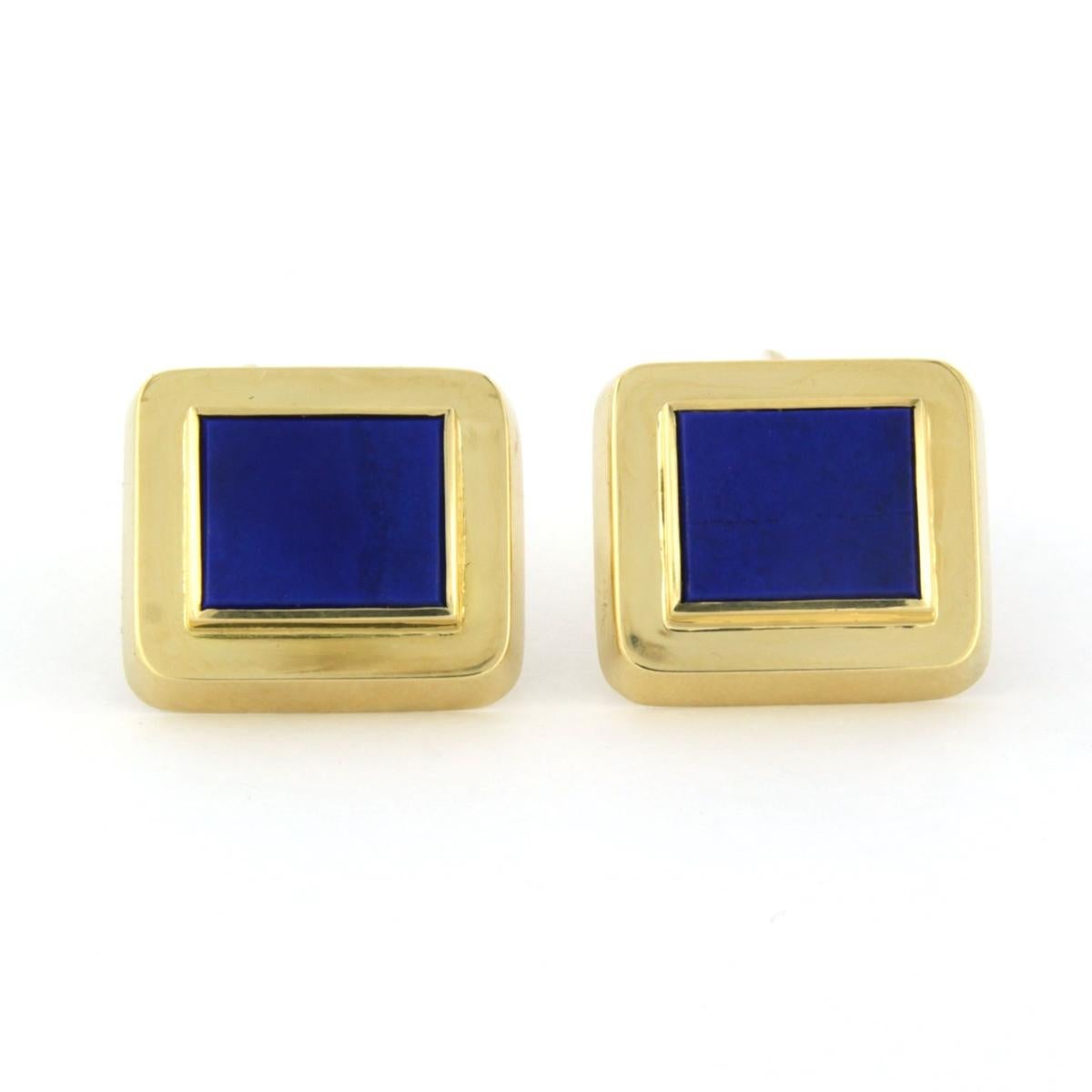 18k yellow gold cufflinks set with lapis lazuli

detailed description

the size of the cufflink is 1.9 cm by 1.8 cm wide

weight 20.2 grams

set with

- 2 x 1.2 cm x 1.0 cm square flat cut lapis lazuli

color blue
clarity na
Gemstones have often
