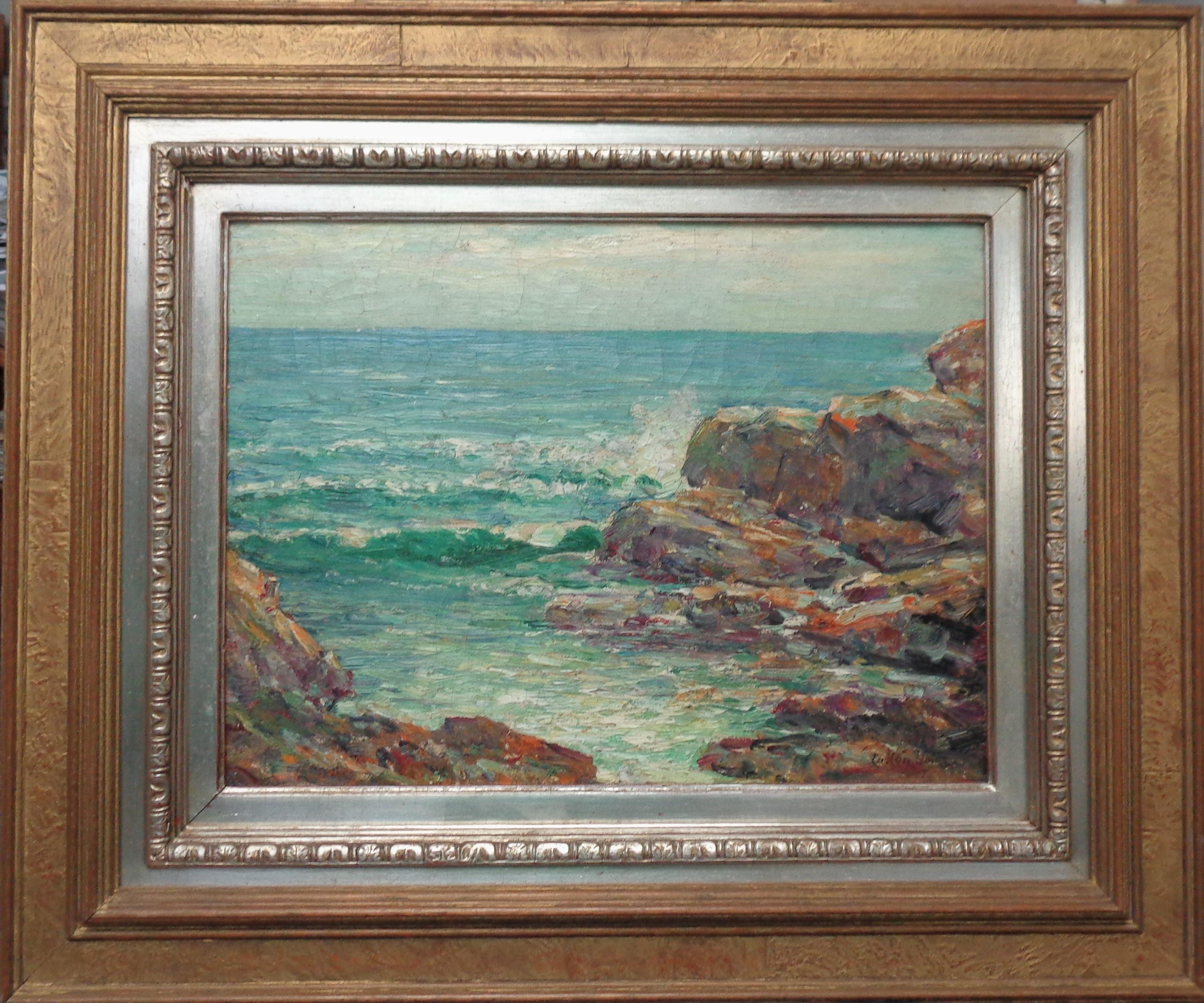 Off The Maine Coast
oil/canvas 12 x 16 unframed, 20.25 x 24.25 framed
original frame as purchased with a chip on the upper left inside silver section hardly noticeable as pictured in the last pic attached.
Condition: The painting could use a  light